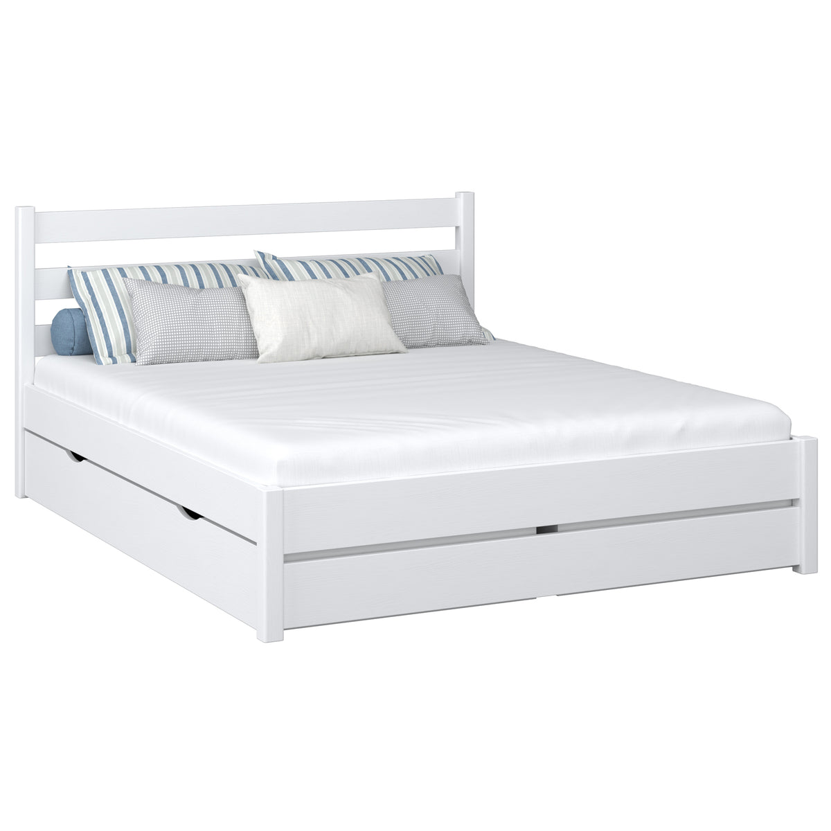 Wooden double bed with drawer N01 white – overall view, solid pine wood