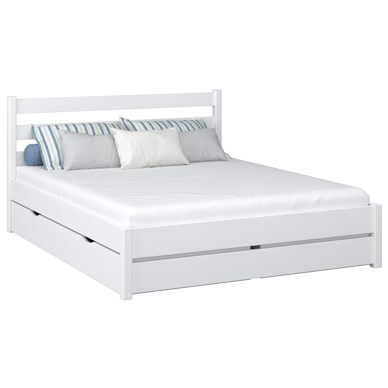Wooden double bed with drawer N01 white – overall view, solid pine wood