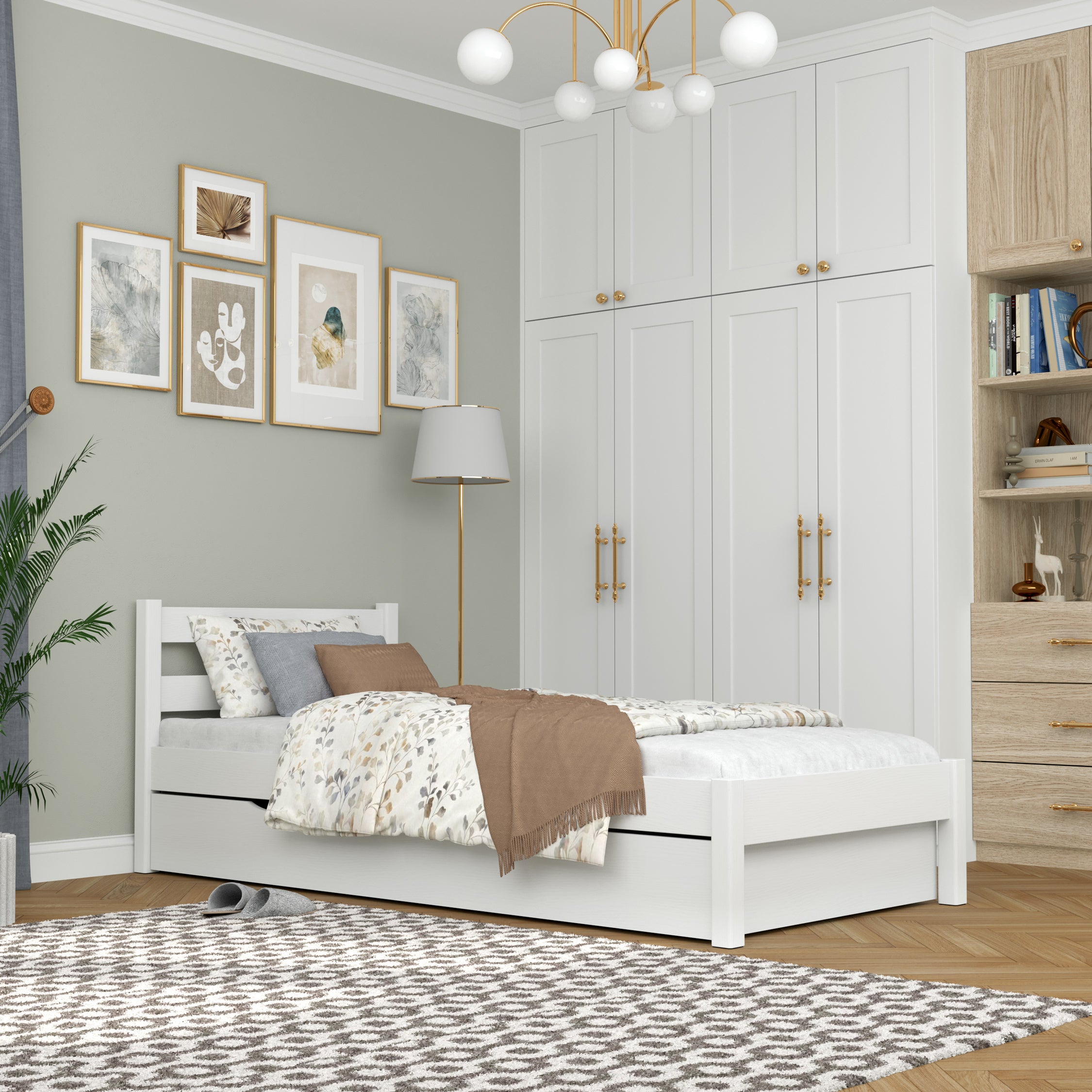 Letto con cassetto in legno bianco – cassetto aperto, ambiente del vano