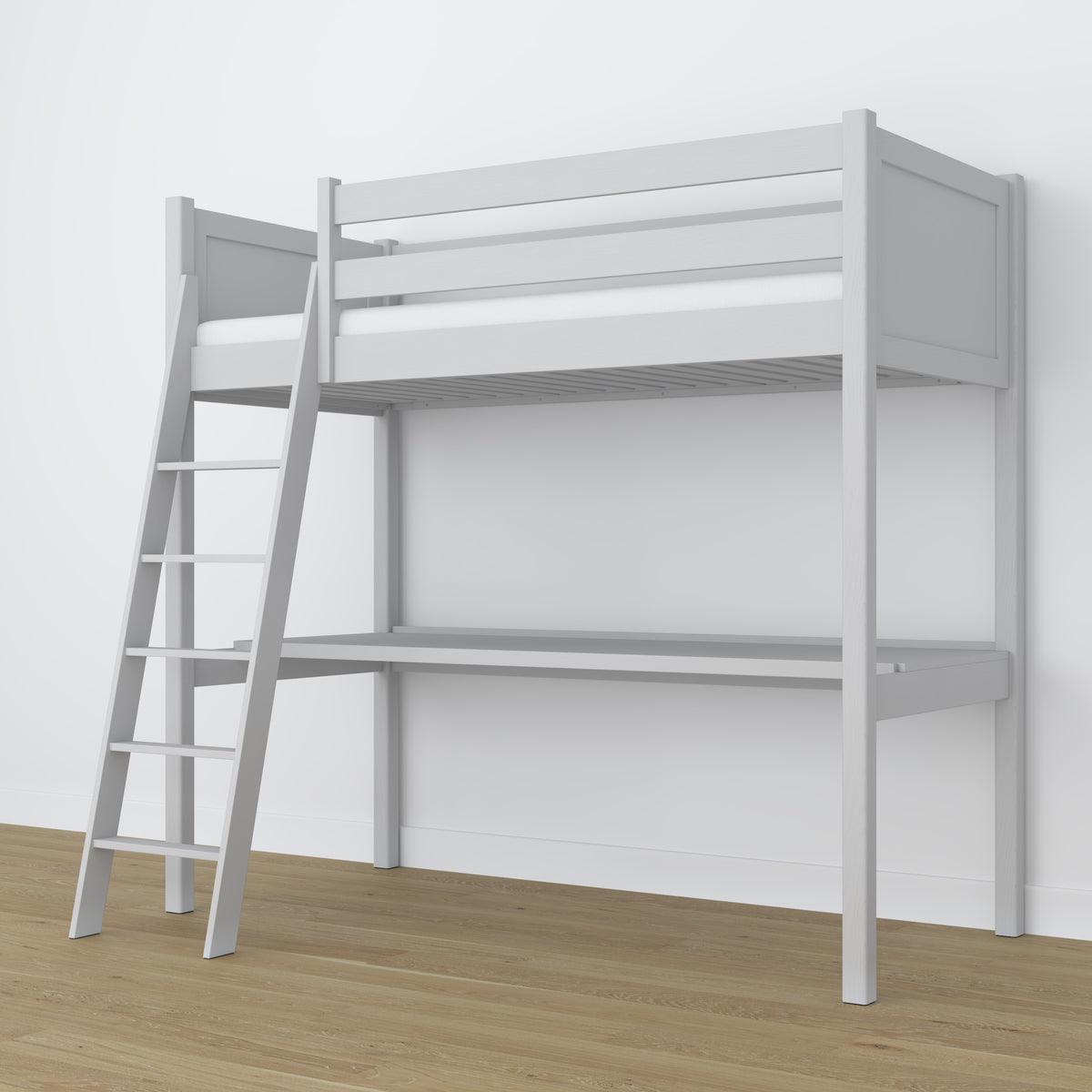Letto a soppalco con scrivania in legno grigio – scala e sponda di protezione