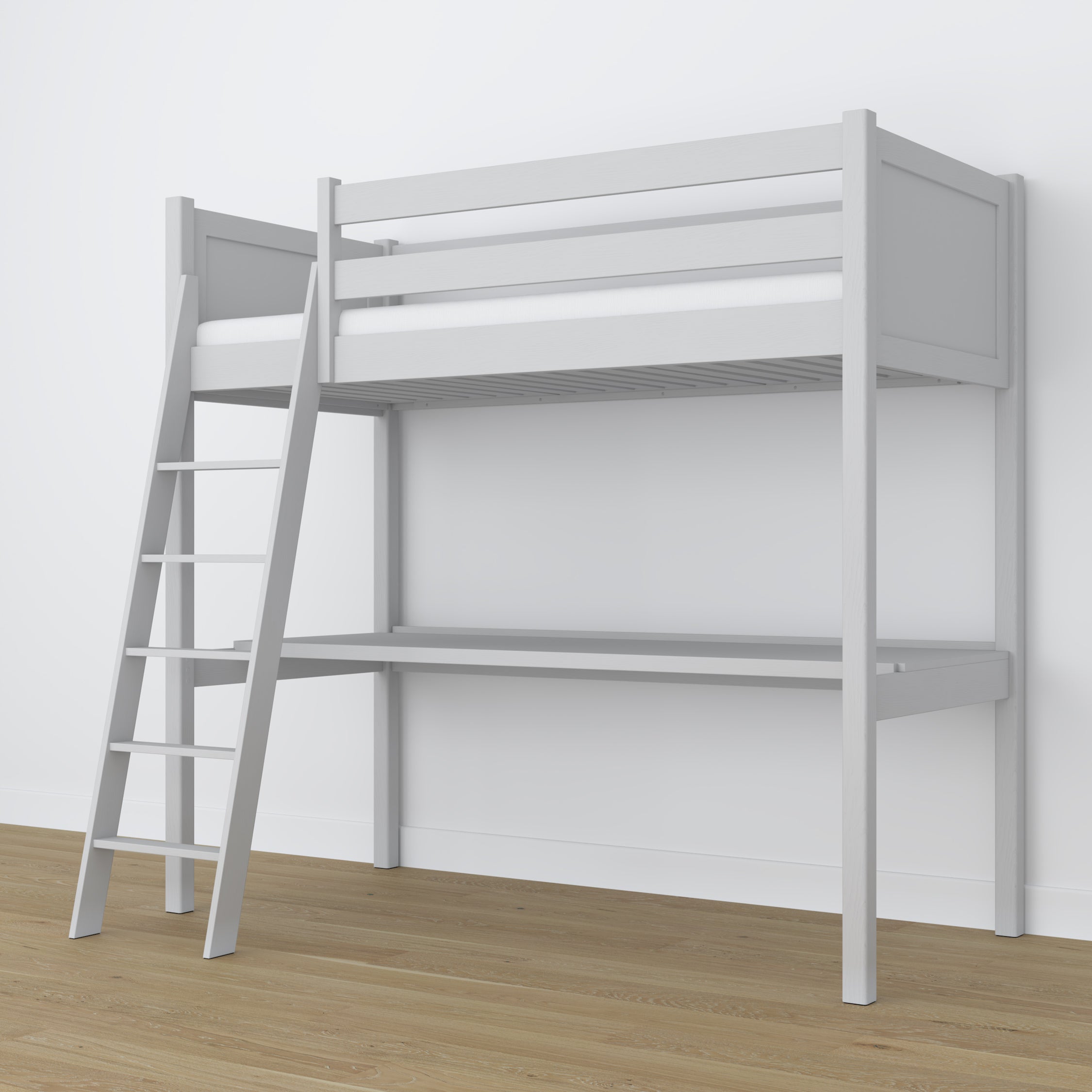 Letto a soppalco con scrivania in legno grigio – scala e sponda di protezione