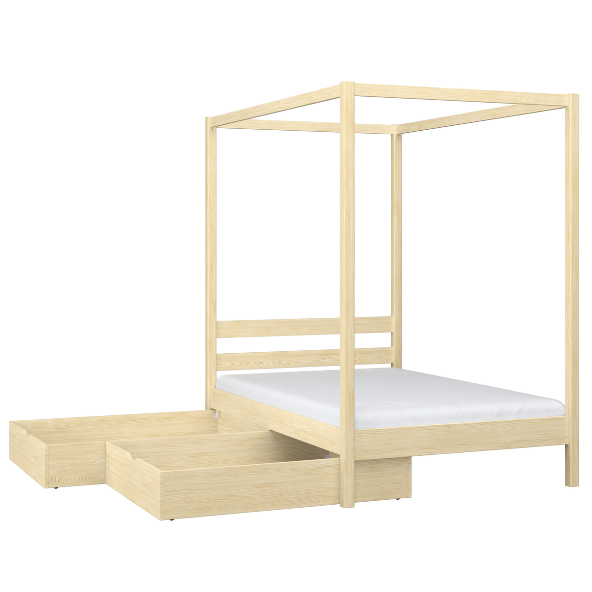 Letto pino trasparente con baldacchino – dettaglio in legno e giunzioni, Nizio Home