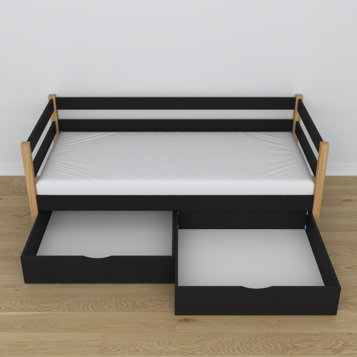 Sofa bed wooden black-oak – angled view, scandi
