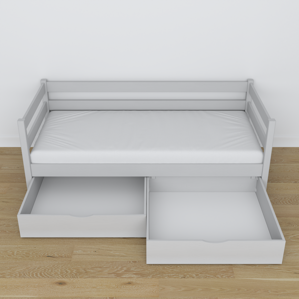 Sofa bed wooden grey – angled view, scandi
