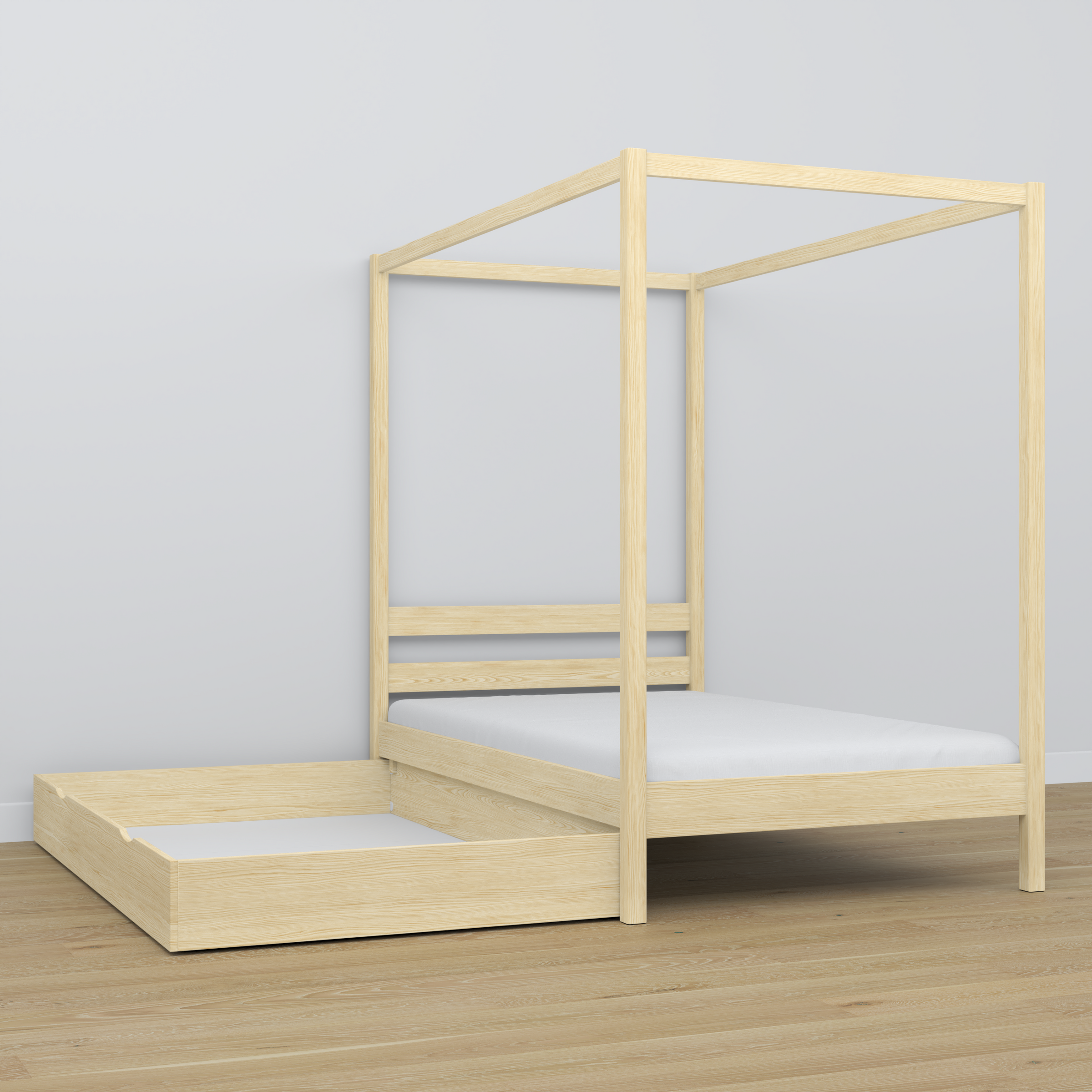 Letto con baldacchino in legno pino trasparente in nella cameretta dei bambini – allestimento scandi