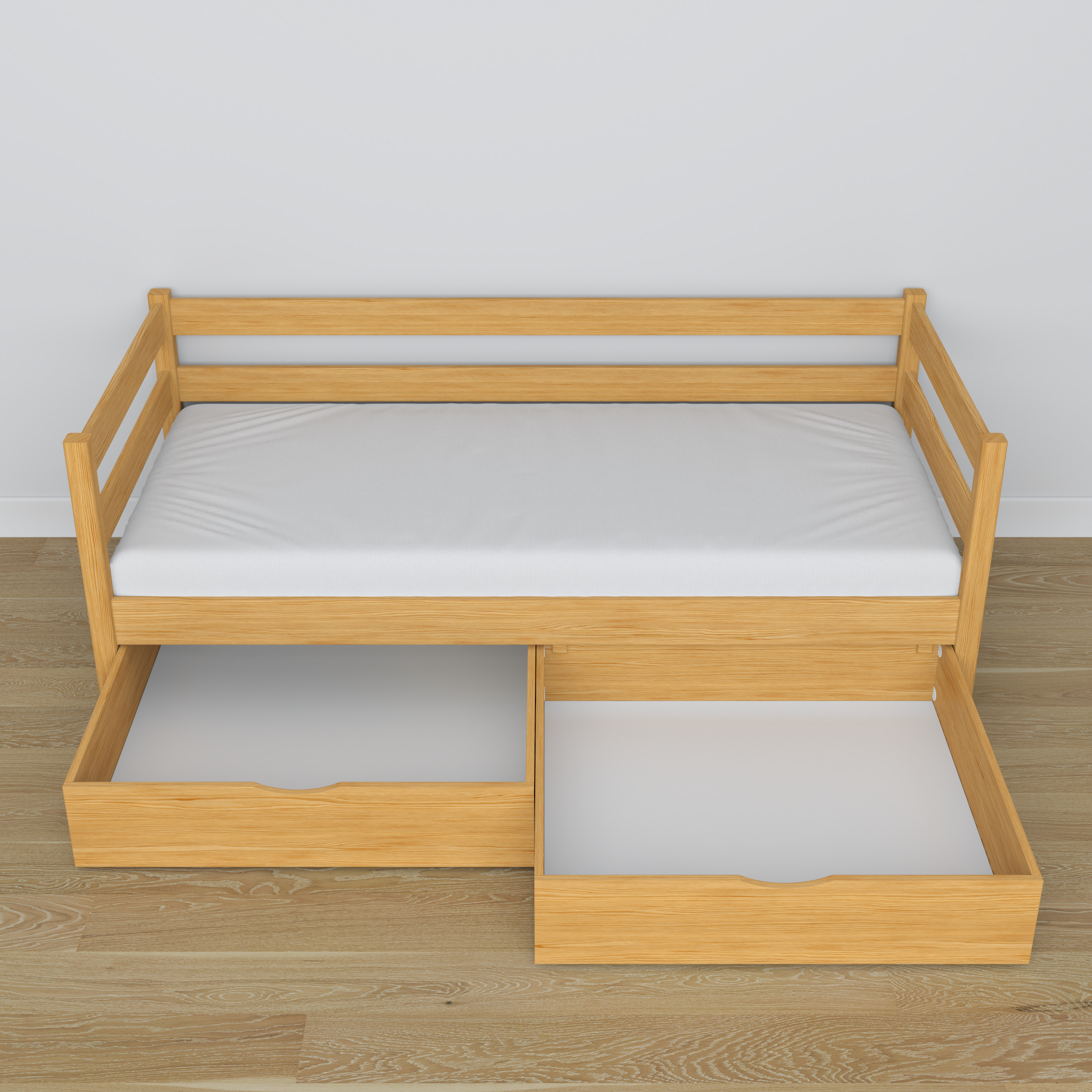 Sofa bed wooden natural pine – angled view, scandi