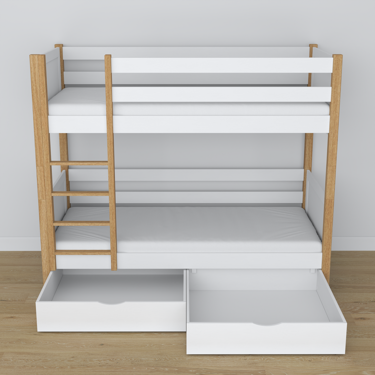Letto a castello bianco-quercia – struttura in legno con doghe, vista laterale