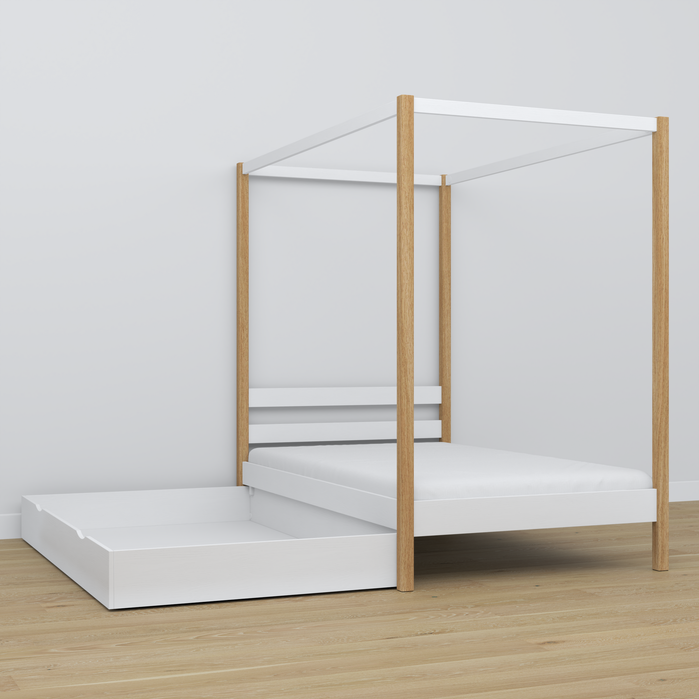 Wooden canopy bed white-oak in a child’s room – scandi arrangement