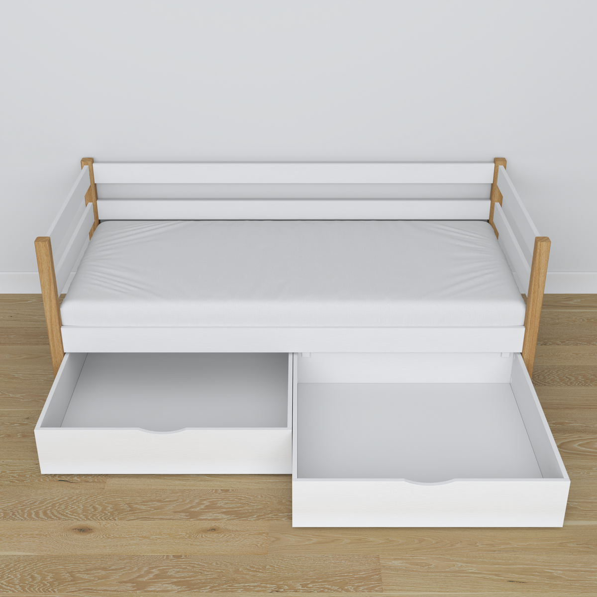 Bettsofa aus Holz Weiß-Eiche – Schrägansicht, scandi