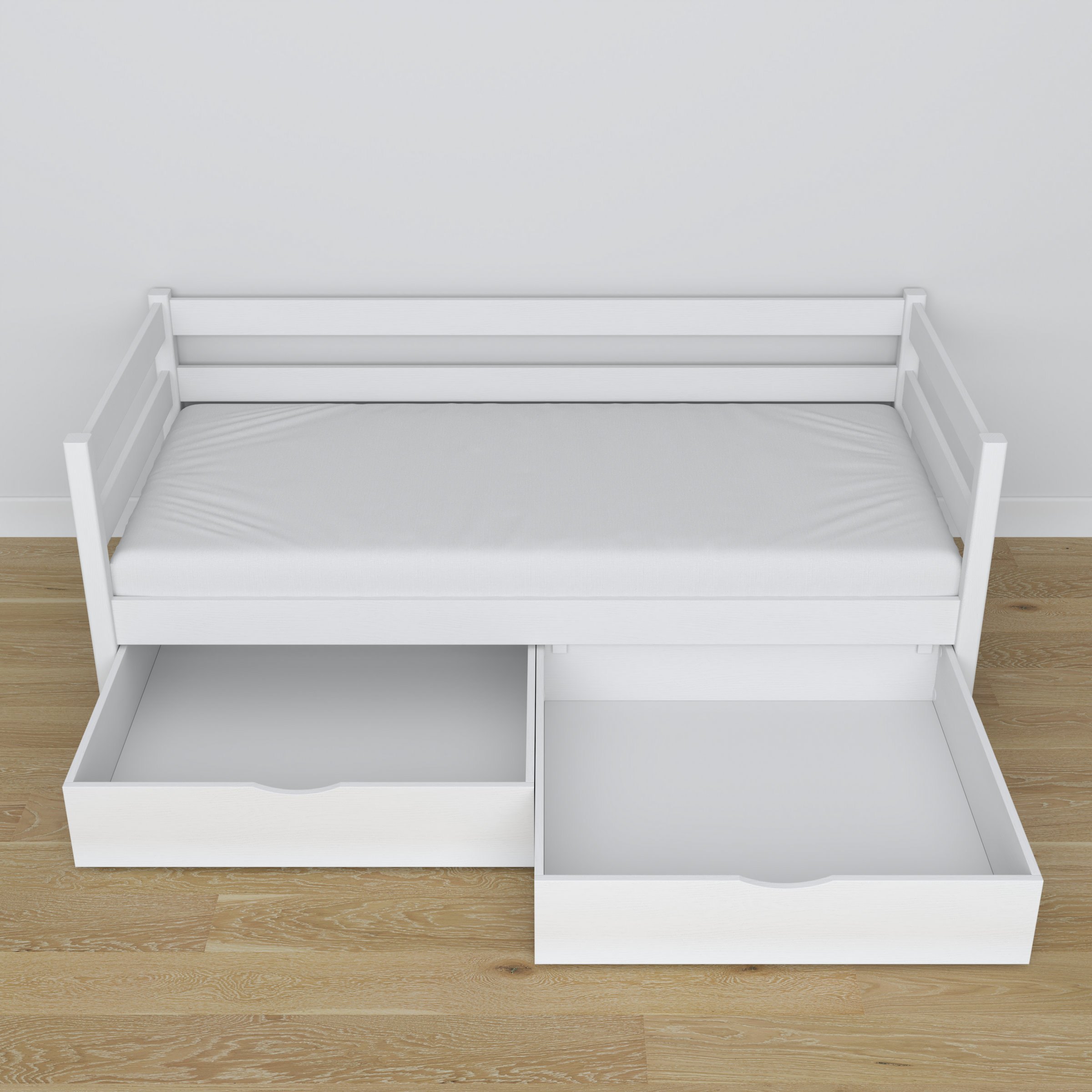 Sofa-lit en bois blanc – vue en biais, scandinave