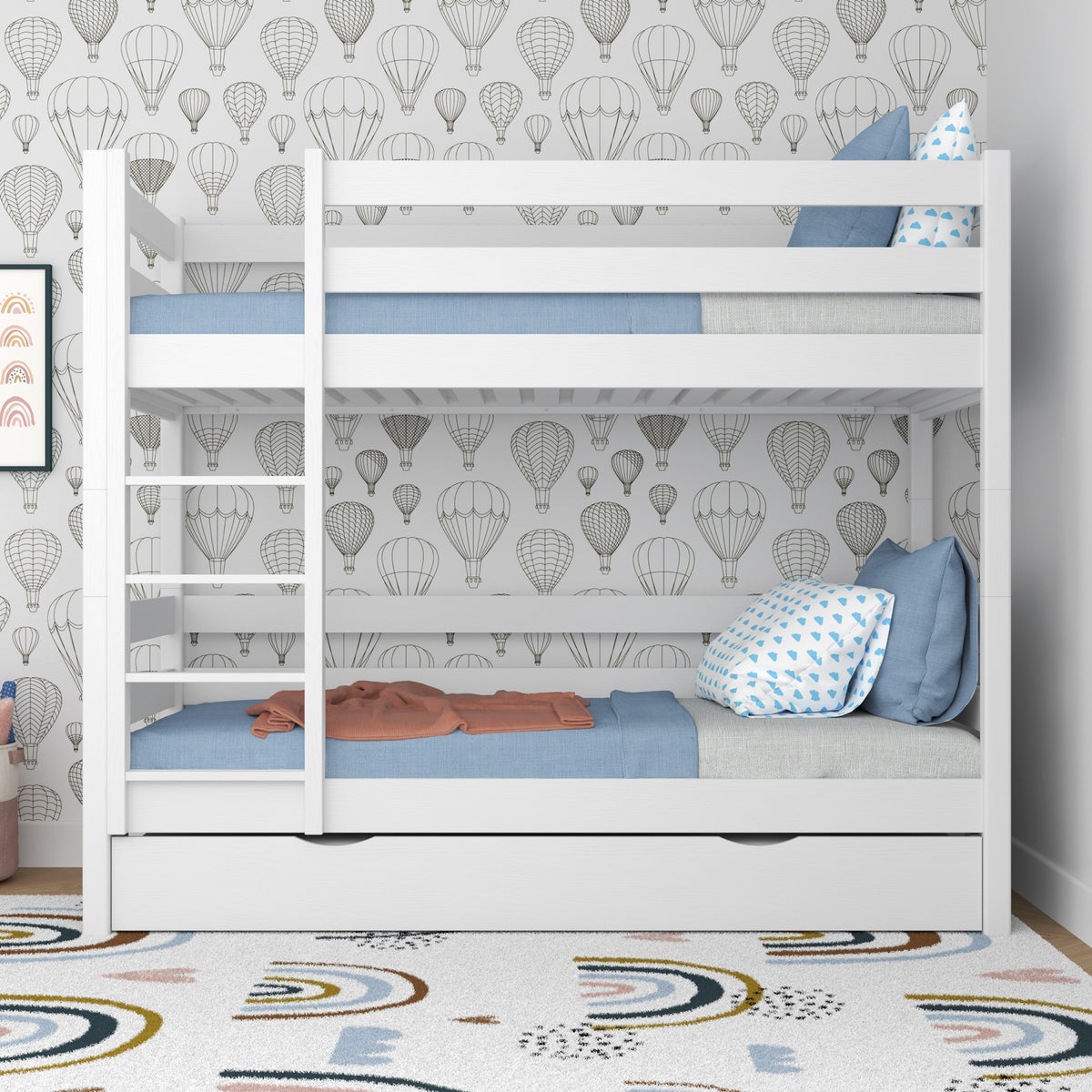 Letto a castello bianco con cassetto per materasso – sponda, in legno, Nizio Home