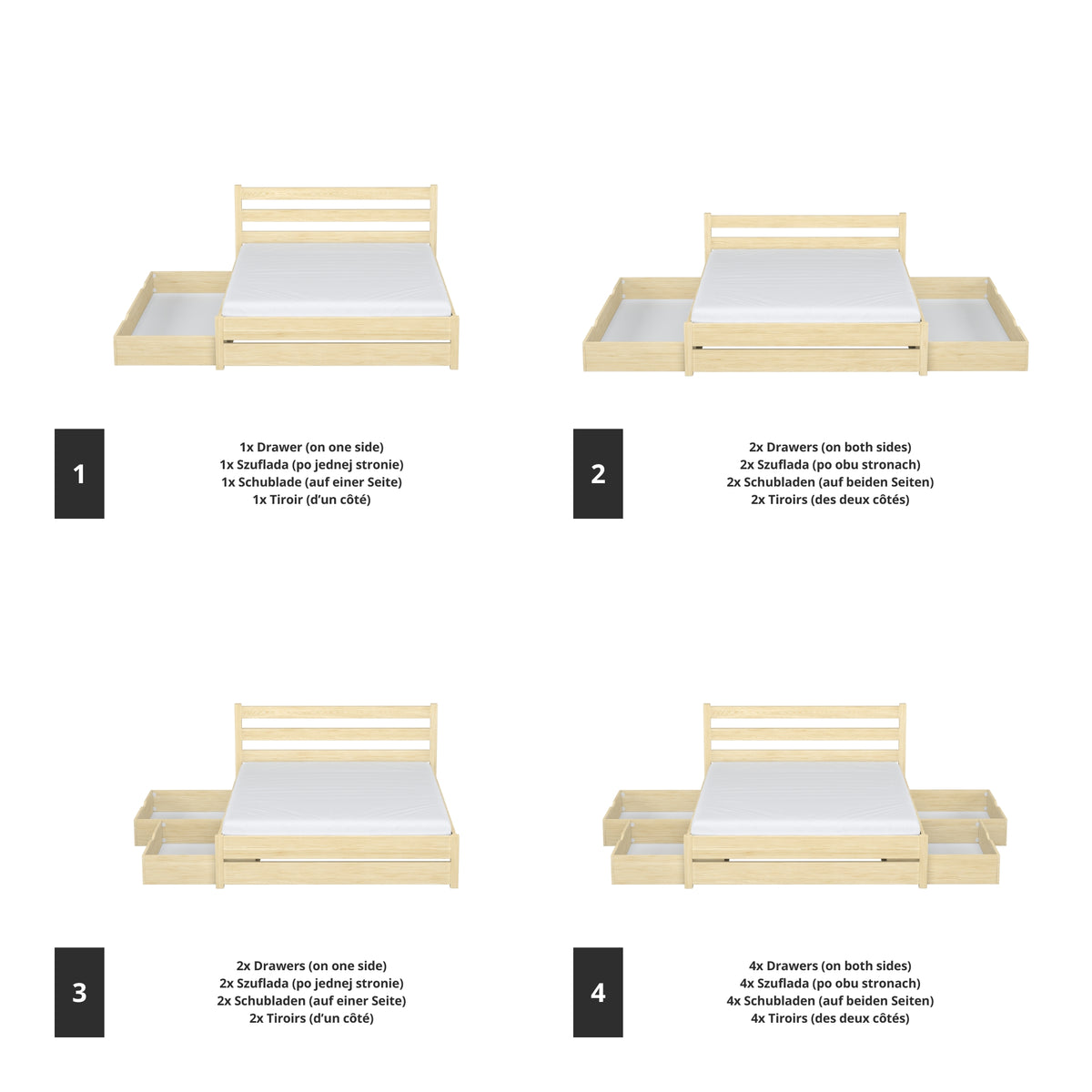 Letto matrimoniale pino trasparente con cassetto in camera da letto – allestimento scandinava