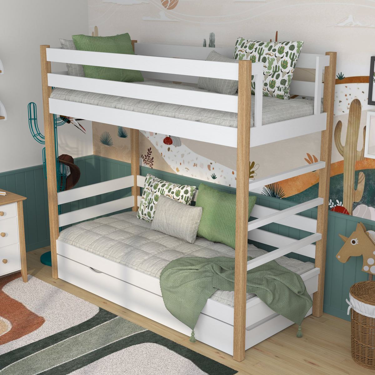 Letto a castello in legno bianco-quercia con cassetto per materasso – allestimento nella stanza