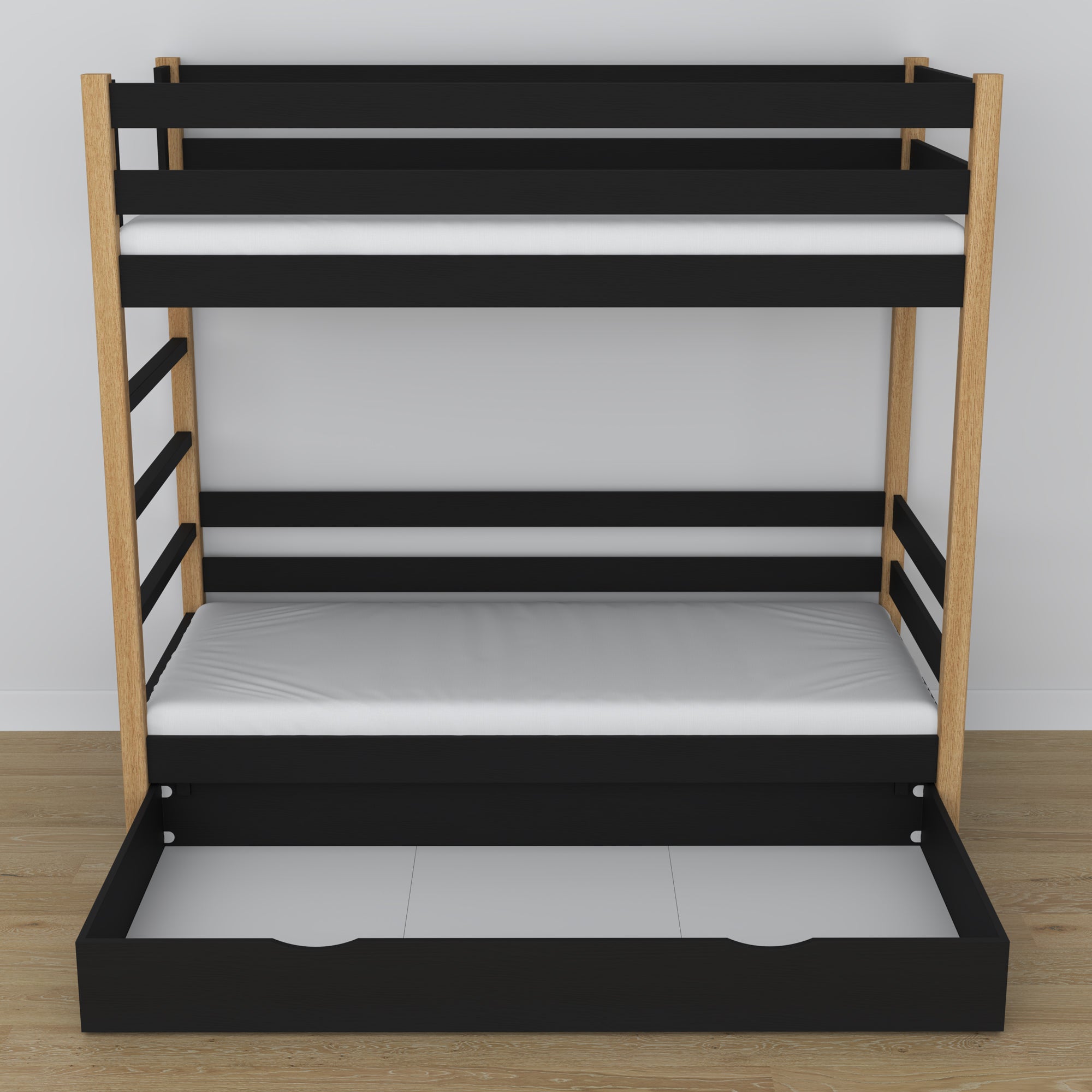 Black and Oak Wooden Bunk Bed with Drawer – Dimensions and Diagram, Nizio