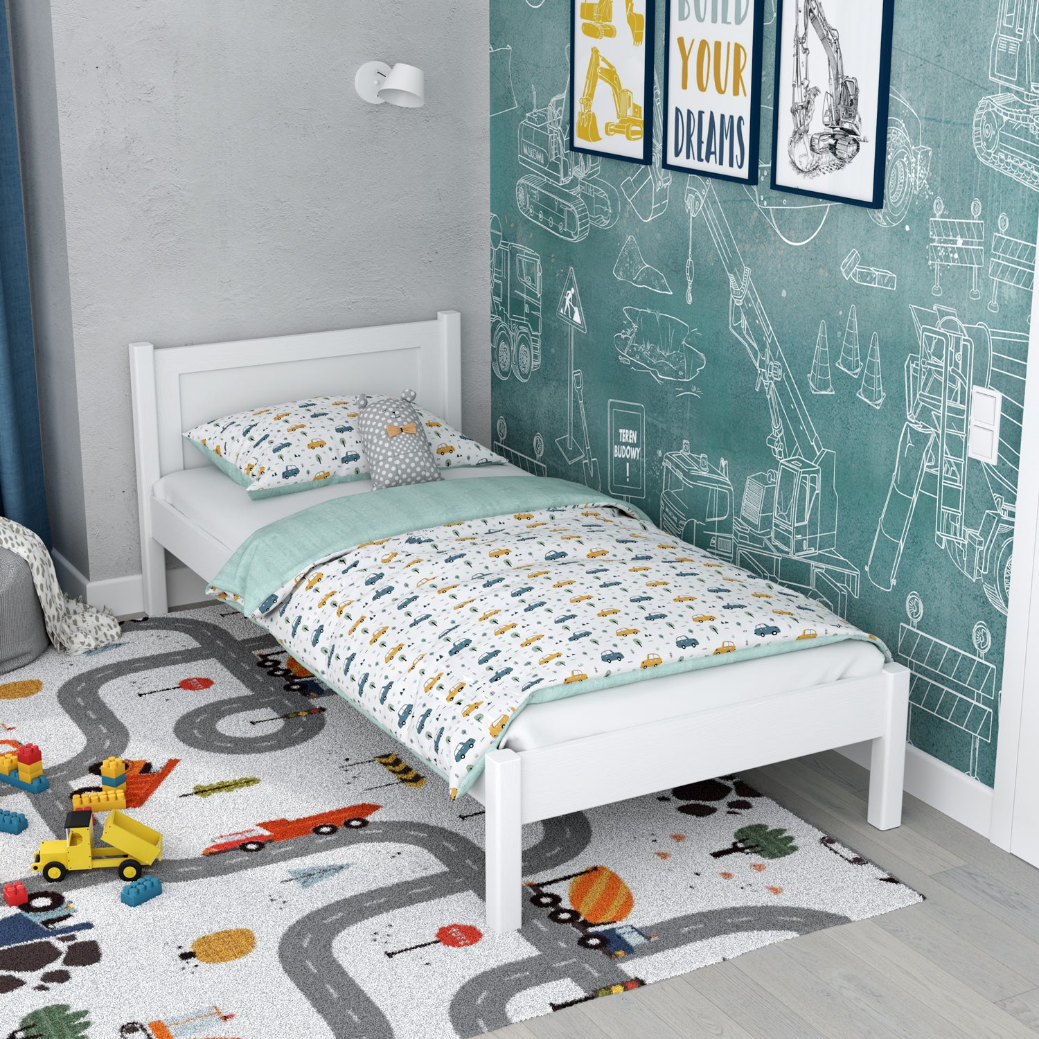 Letto bianco in nella cameretta dei bambini – allestimento scandinava, in legno
