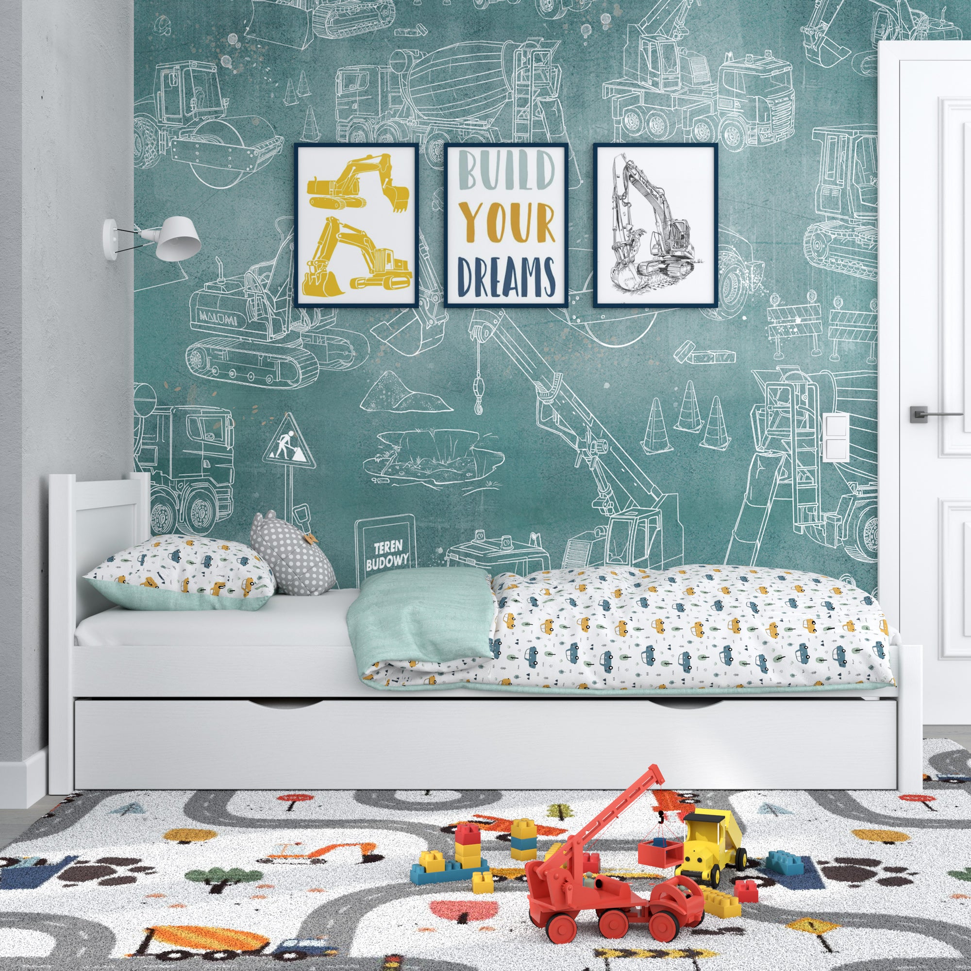 Lit blanc z tiroir na matelas – vue de côté, en bois, Nizio Home