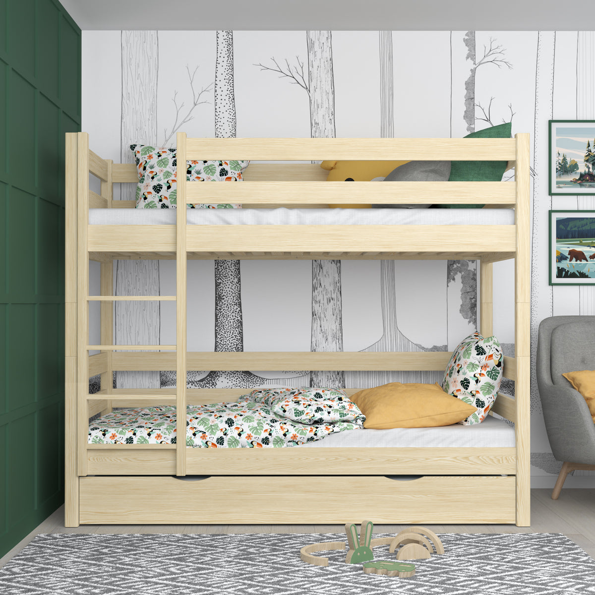 Lit superposé pin incolore z tiroir na matelas – barrière, en bois, Nizio Home