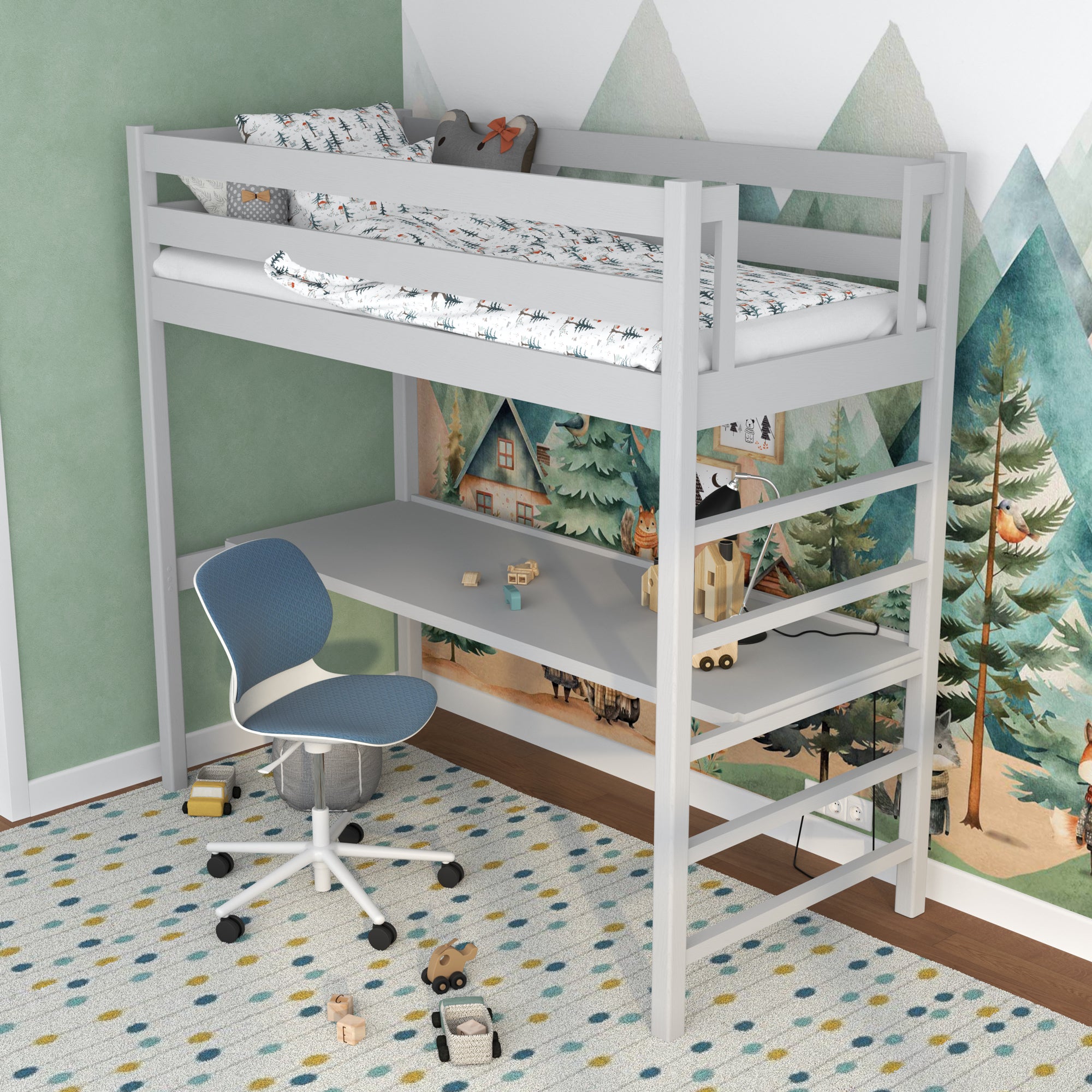 Hochbett Grau – Holzschreibtisch unter dem Schlafbereich, Kinderzimmer scandi
