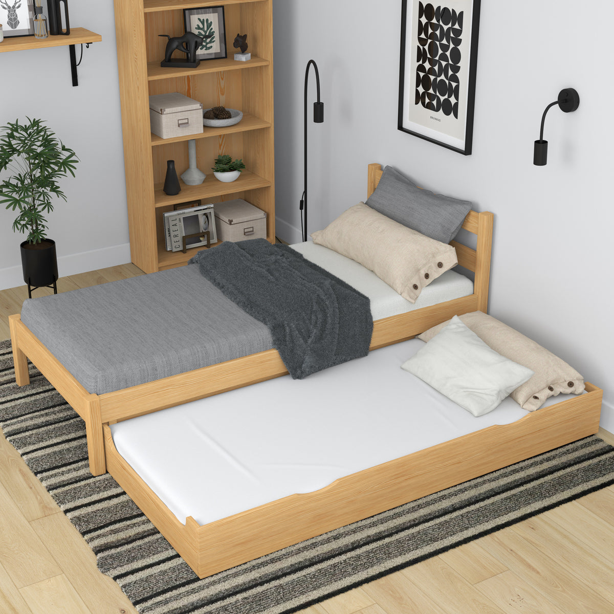 Letto con cassetto per materasso in legno pino naturale – cassetto estratto, ospite