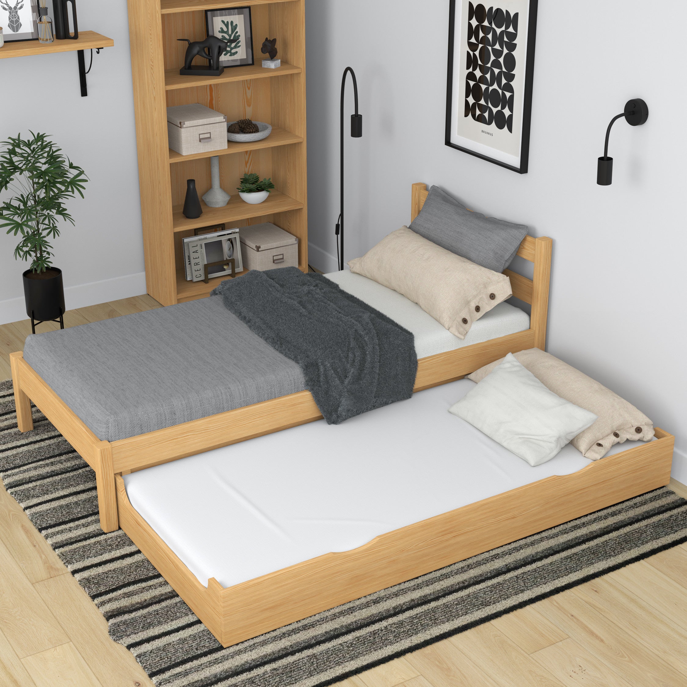 Letto con cassetto per materasso in legno pino naturale – cassetto estratto, ospite