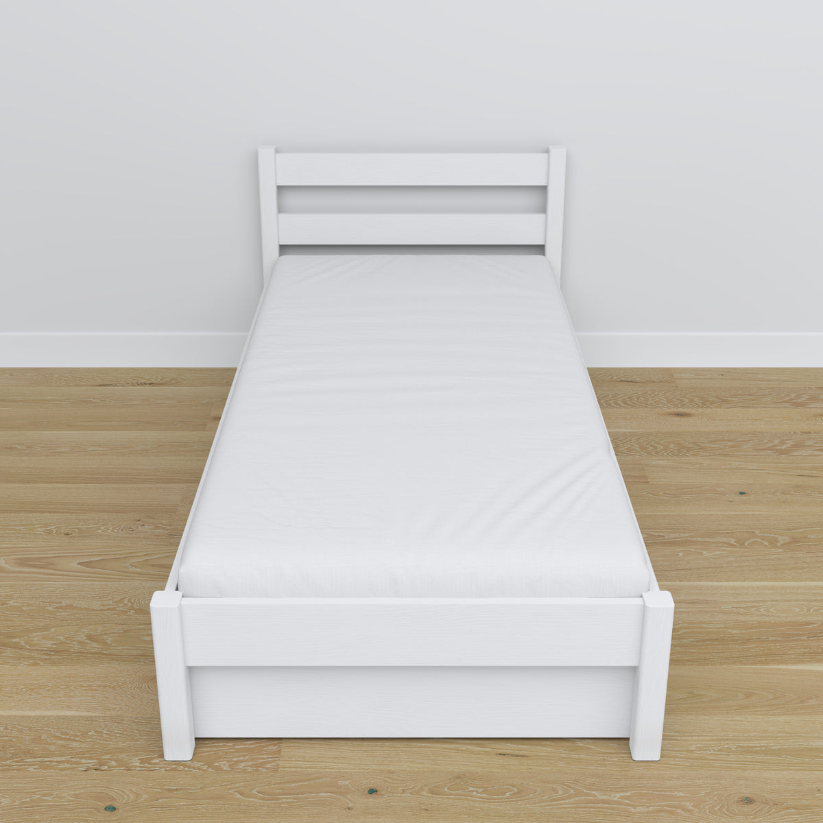 Letto bianco con cassetto – guide e dettagli in legno, Nizio