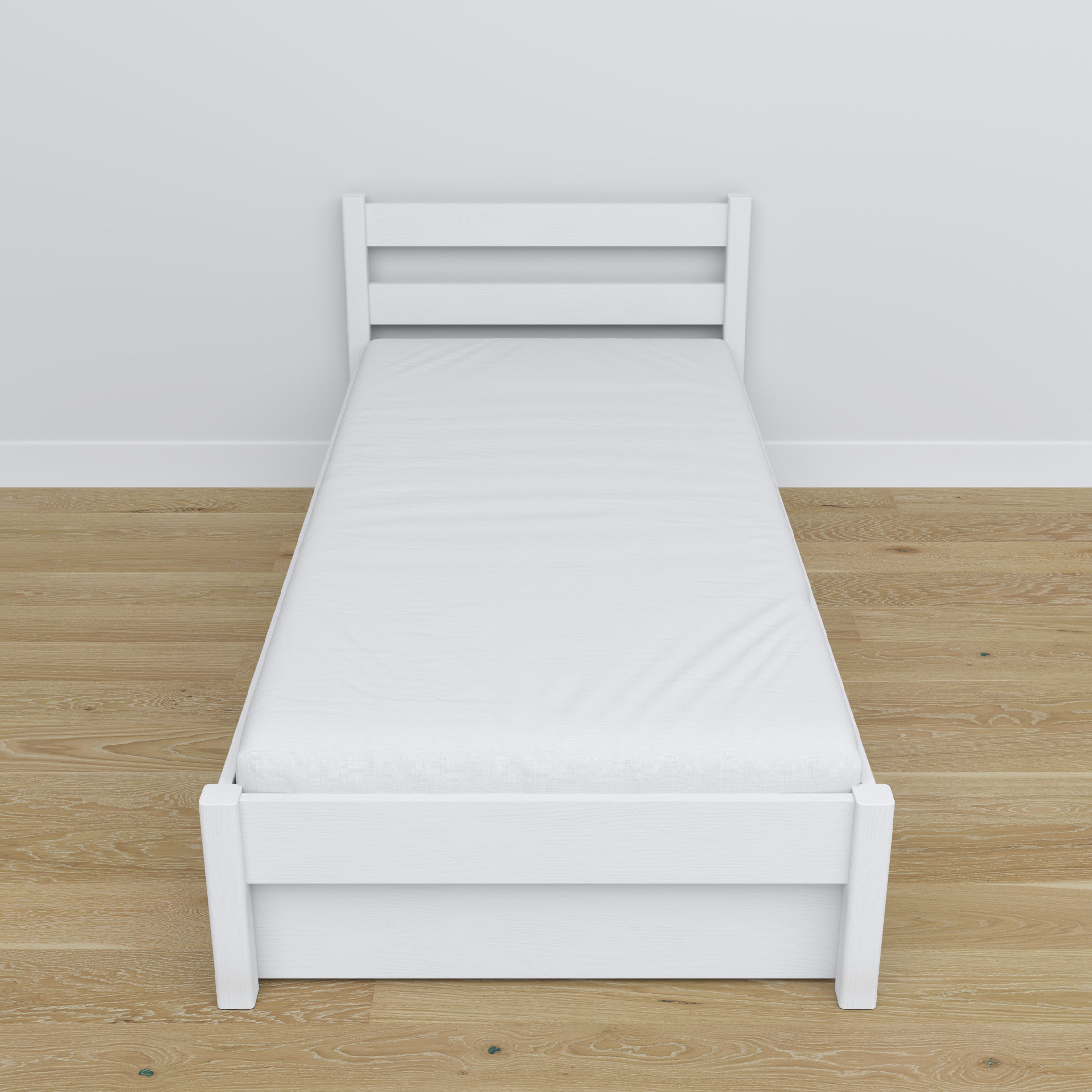Letto bianco con cassetto – guide e dettagli in legno, Nizio