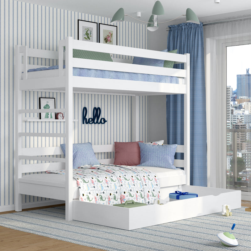 Lit superposé avec tiroir en bois blanc – chambre d'enfant, bois massif, scandinave