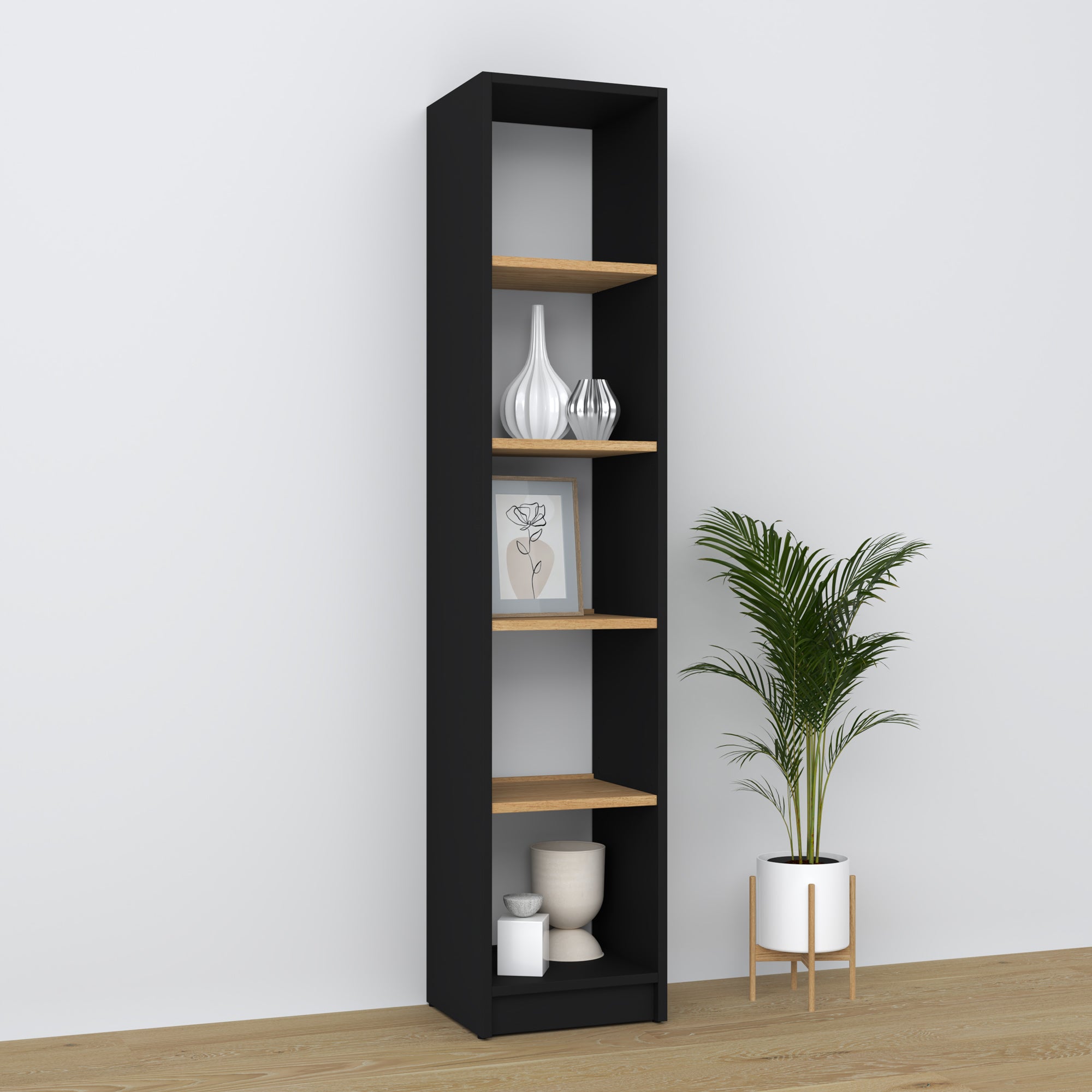 Scaffale in legno nero-quercia – salotto e studio, legno massello, stile scandinavo Nizio
