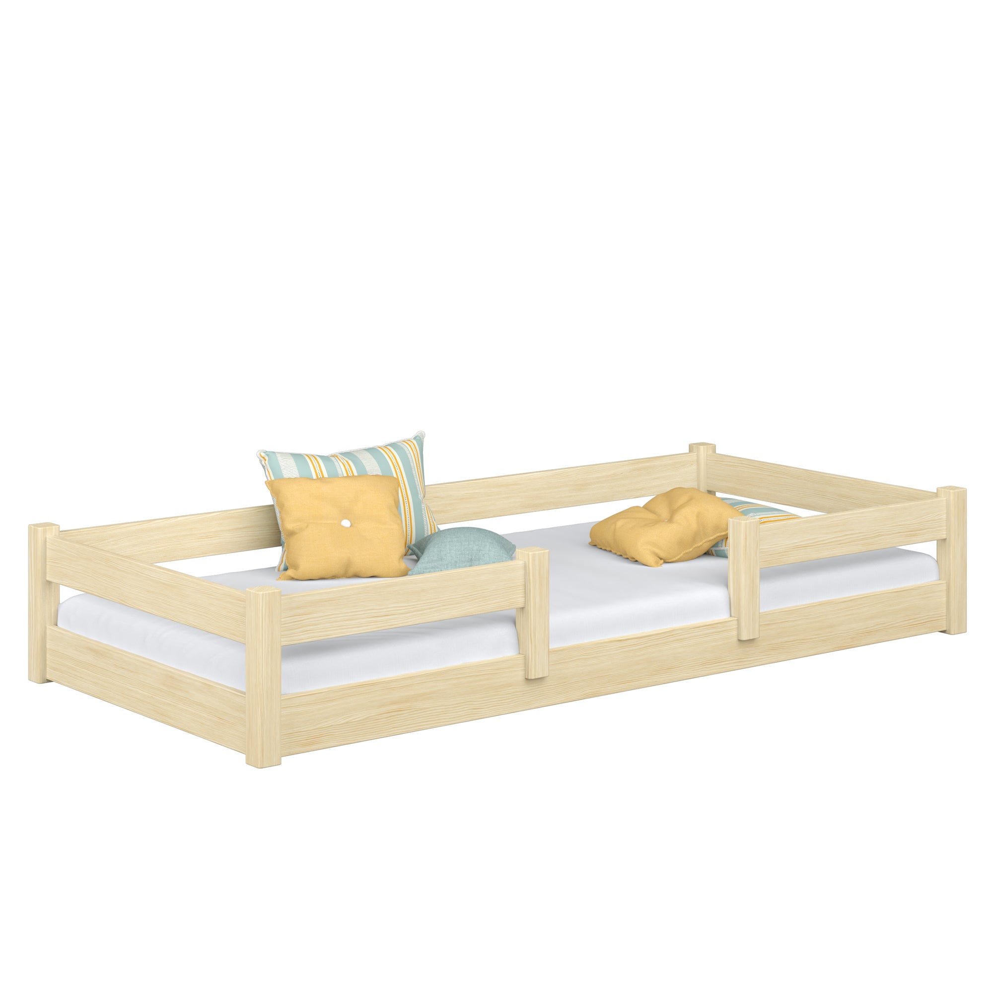 Niedriges Holzbett Kiefer farblos – Schlafzimmer, Massivholz, skandinavischer Stil Nizio