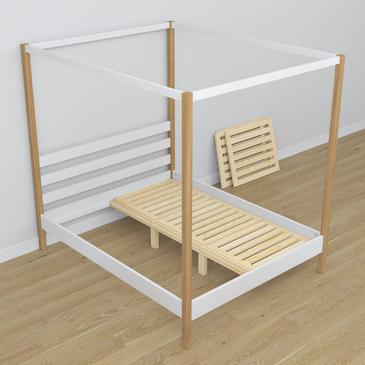Bett mit Baldachin Weiß-Eiche aus Holz – Seitenansicht, Scandi-Stil