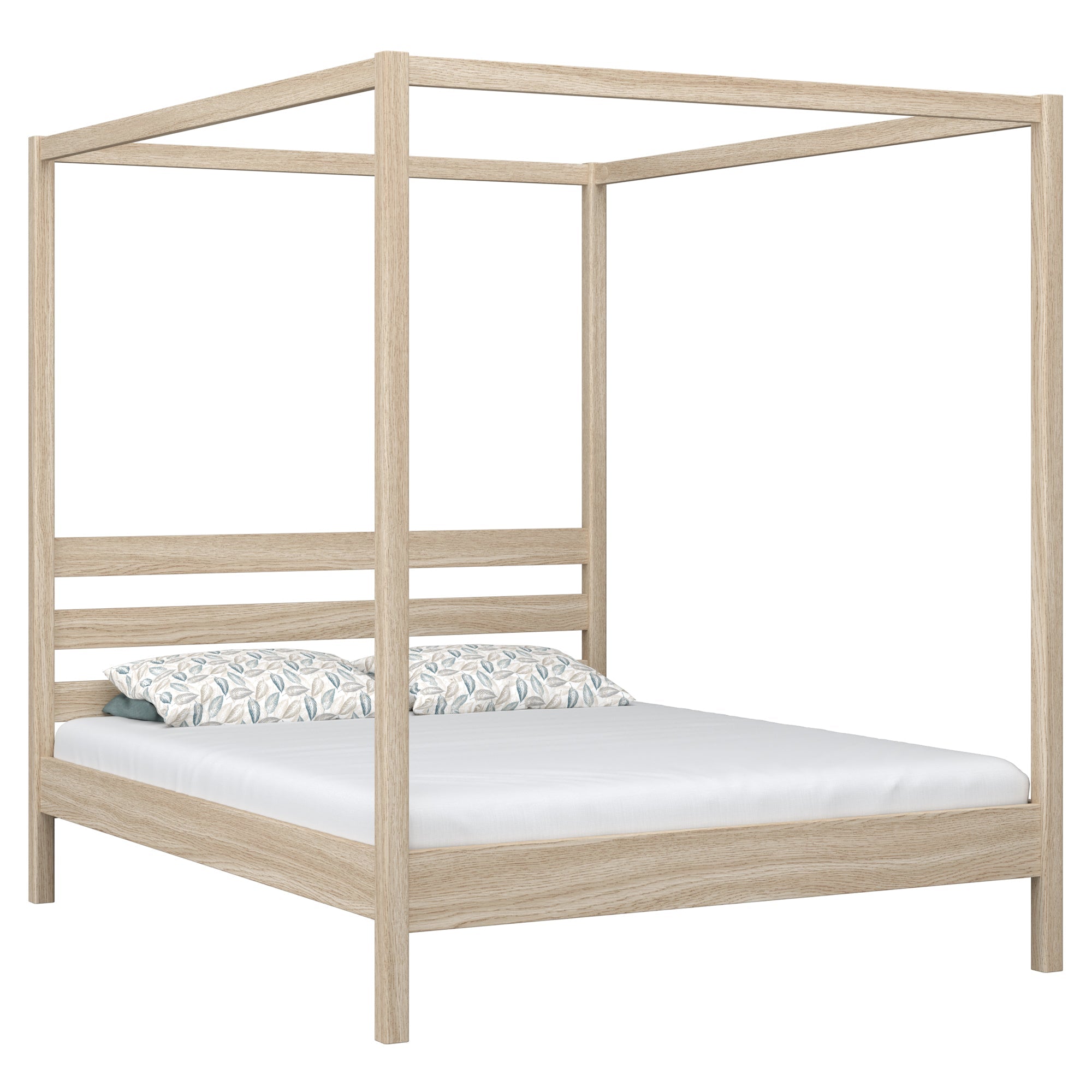Double bed with canopy bleached oak – oak slatted frame and slats, Nizio