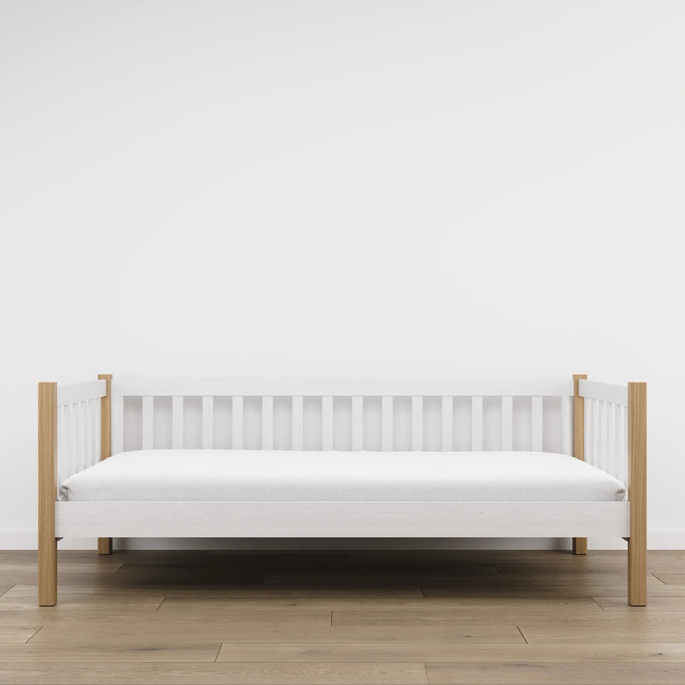 Sofa-lit en bois blanc avec chêne – vue de côté, forme et proportions du meuble