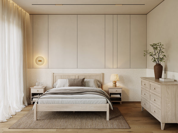 Oak double bed bleached oak – side view, proportions and shape, bedroom