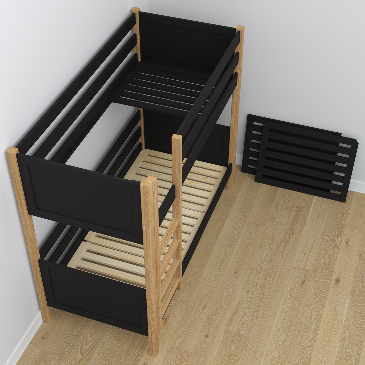 Letto a castello con cassetto per materasso nero-quercia in legno – legno massello, stile scandi