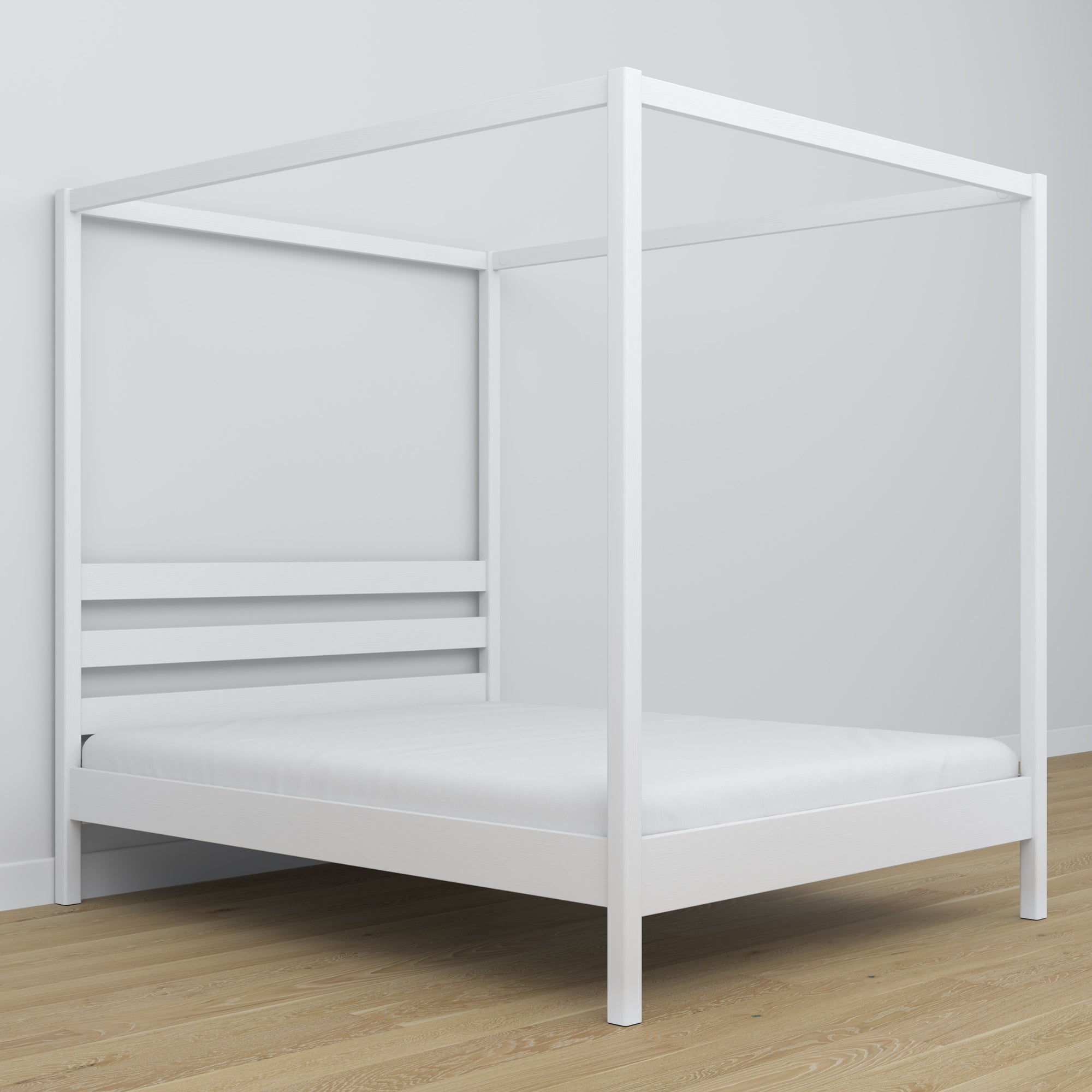 Łóżko podwójne z baldachimem N01 biały – widok z boku, solidna konstrukcja drewniana