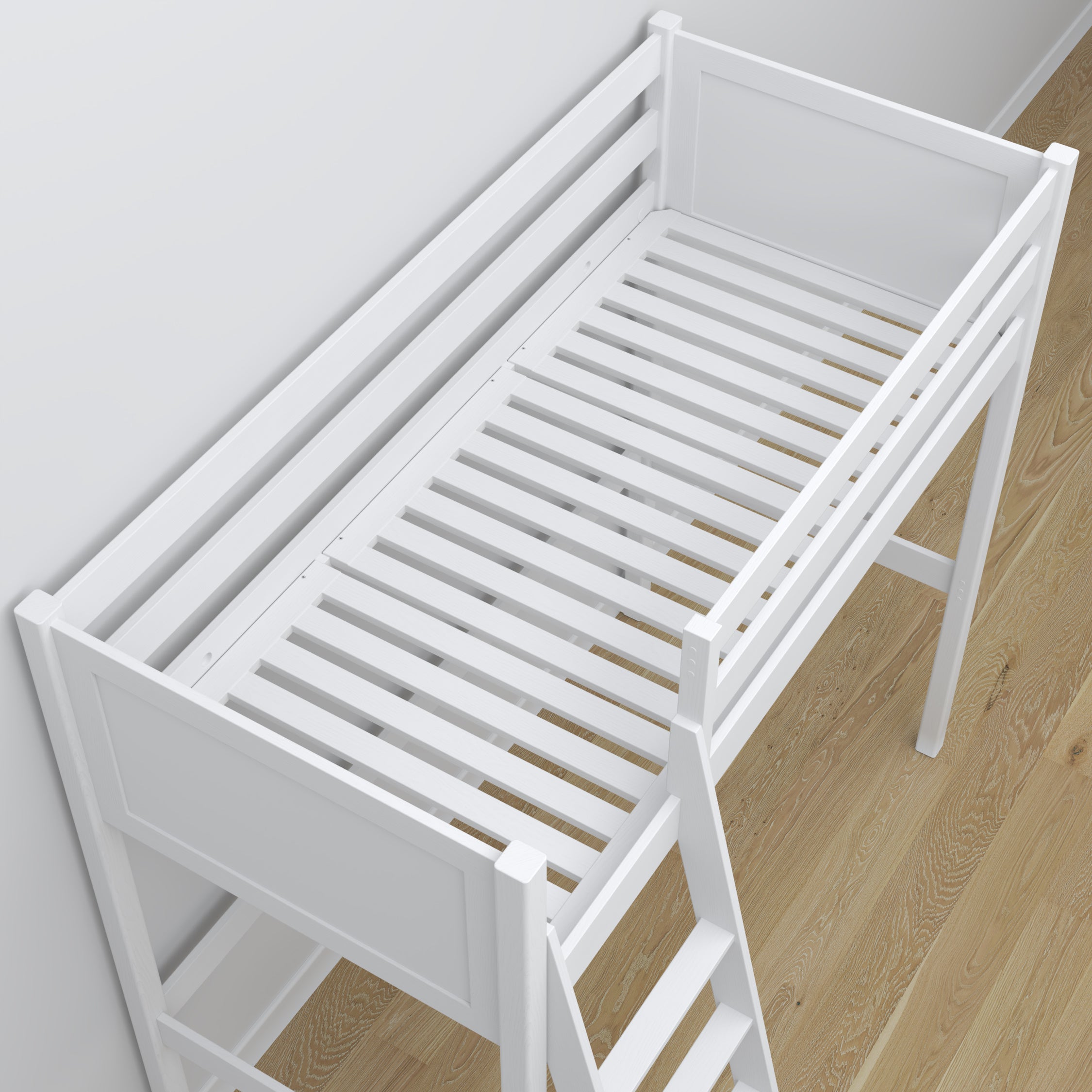 Letto a soppalco bianco – scrivania in legno sotto camera da letto, stanza per bambini scandi
