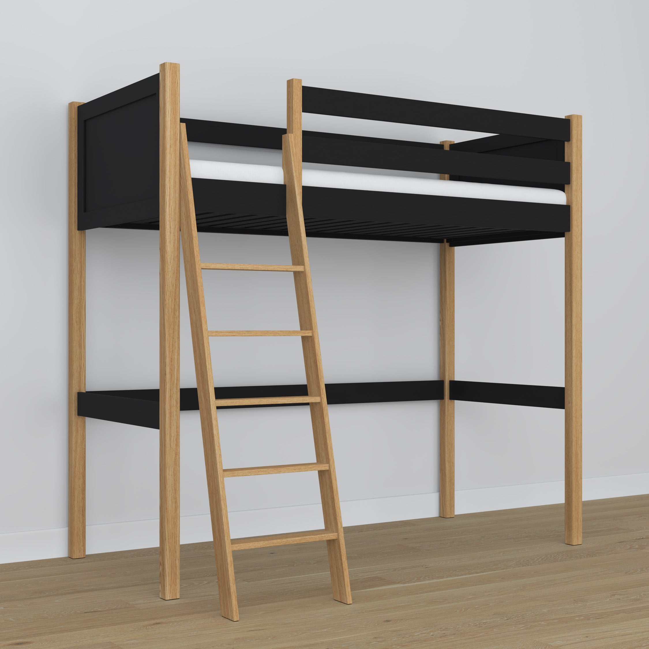 Hochbett aus Holz, Schwarz-Eiche – Details der Verbindungen und Leiter, Nizio Home