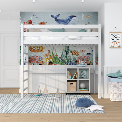 Wooden loft bed N01 white – general view, solid pine wood