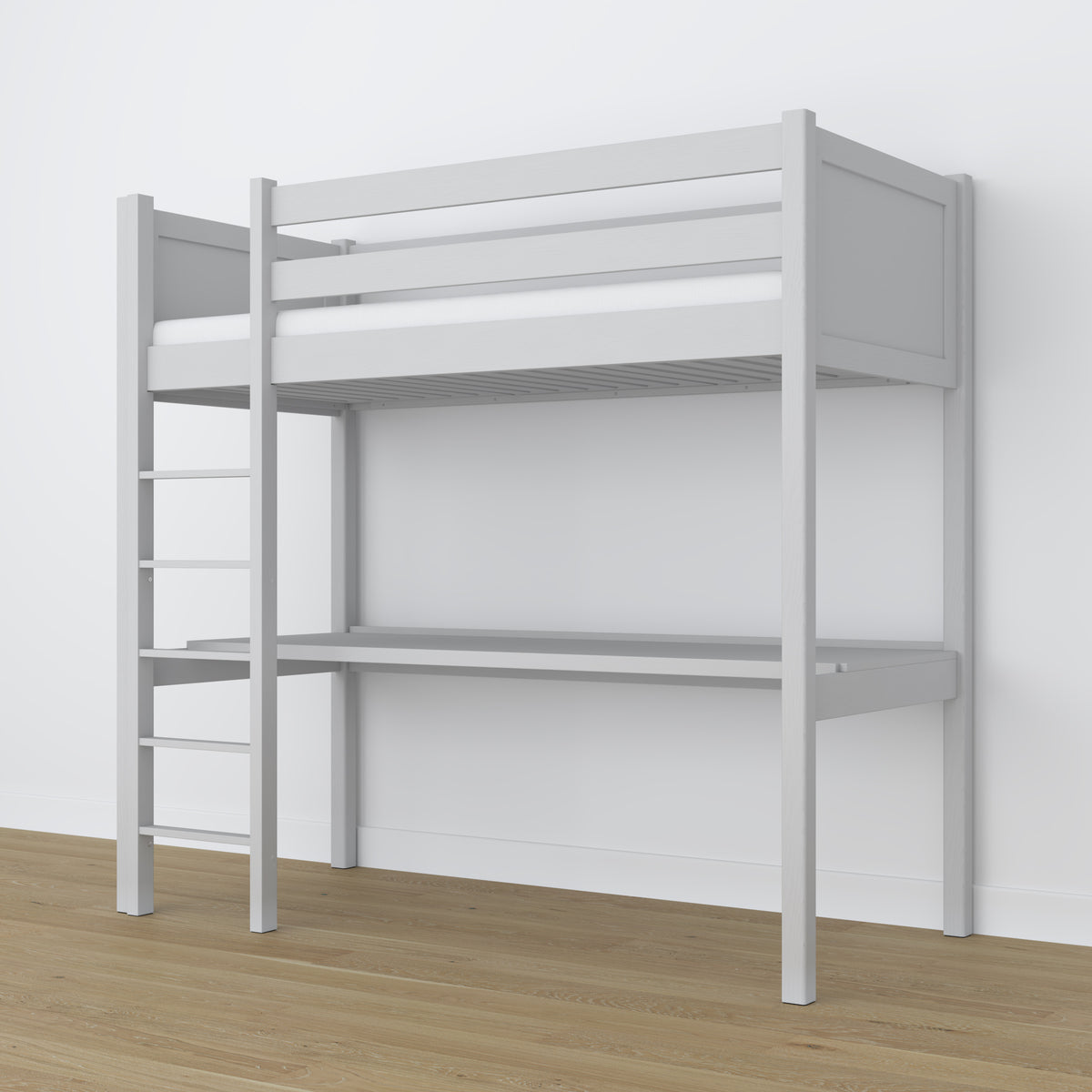 Letto a soppalco con scrivania in legno grigio – scala e sponda di protezione