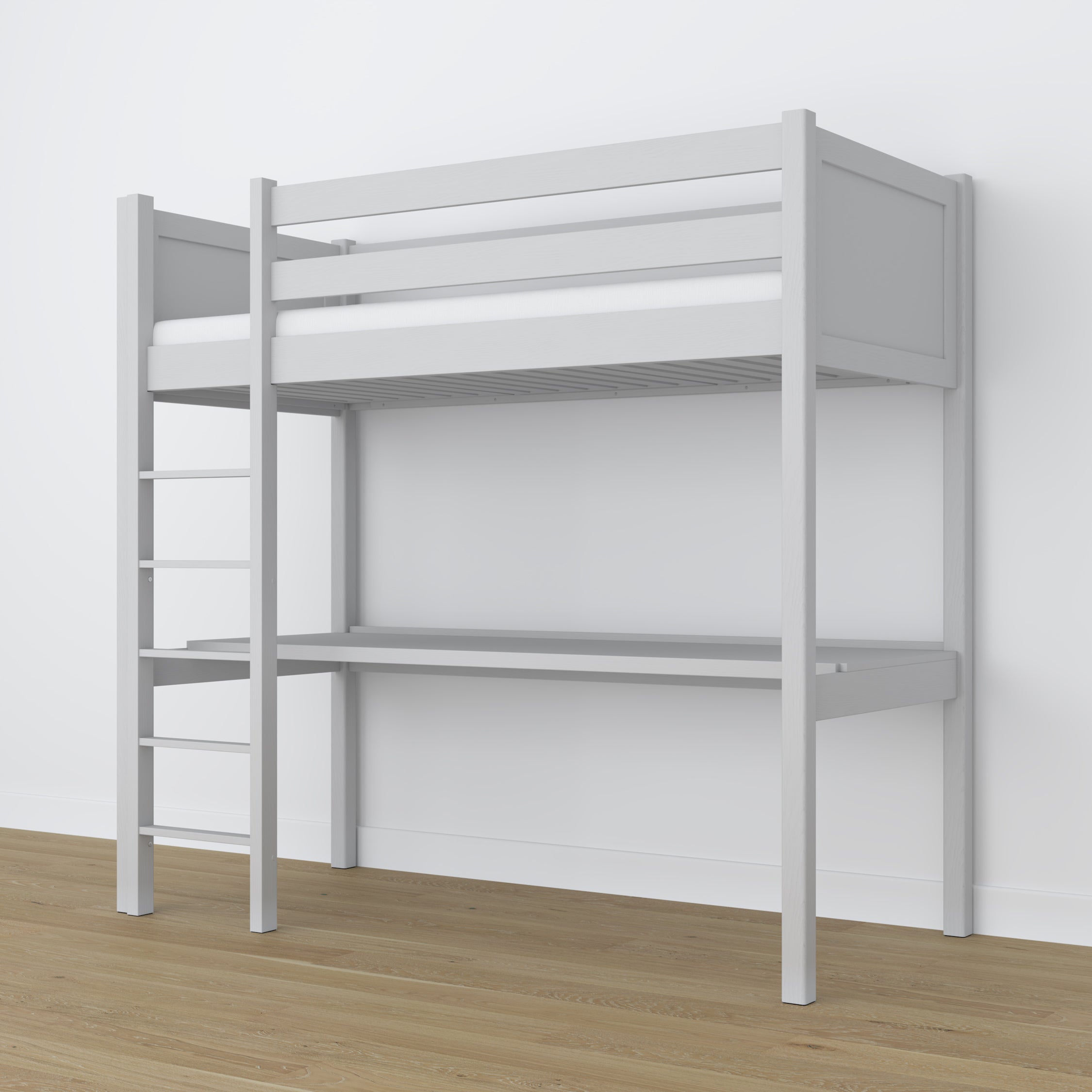 Letto a soppalco con scrivania in legno grigio – scala e sponda di protezione