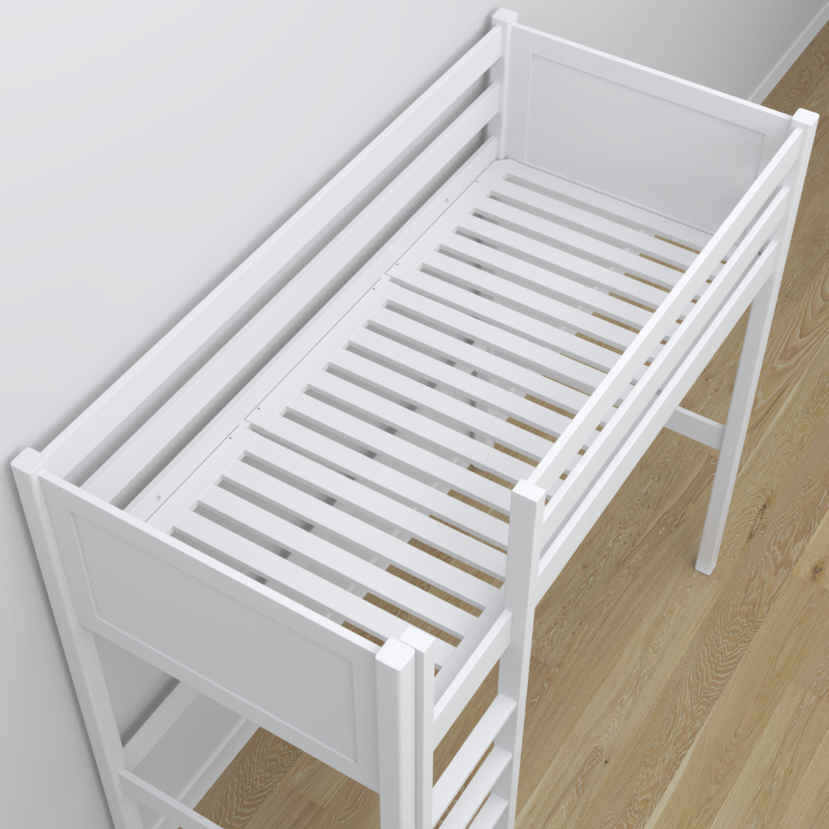 Letto a soppalco con scrivania in legno bianco – dettaglio giunzioni e scala