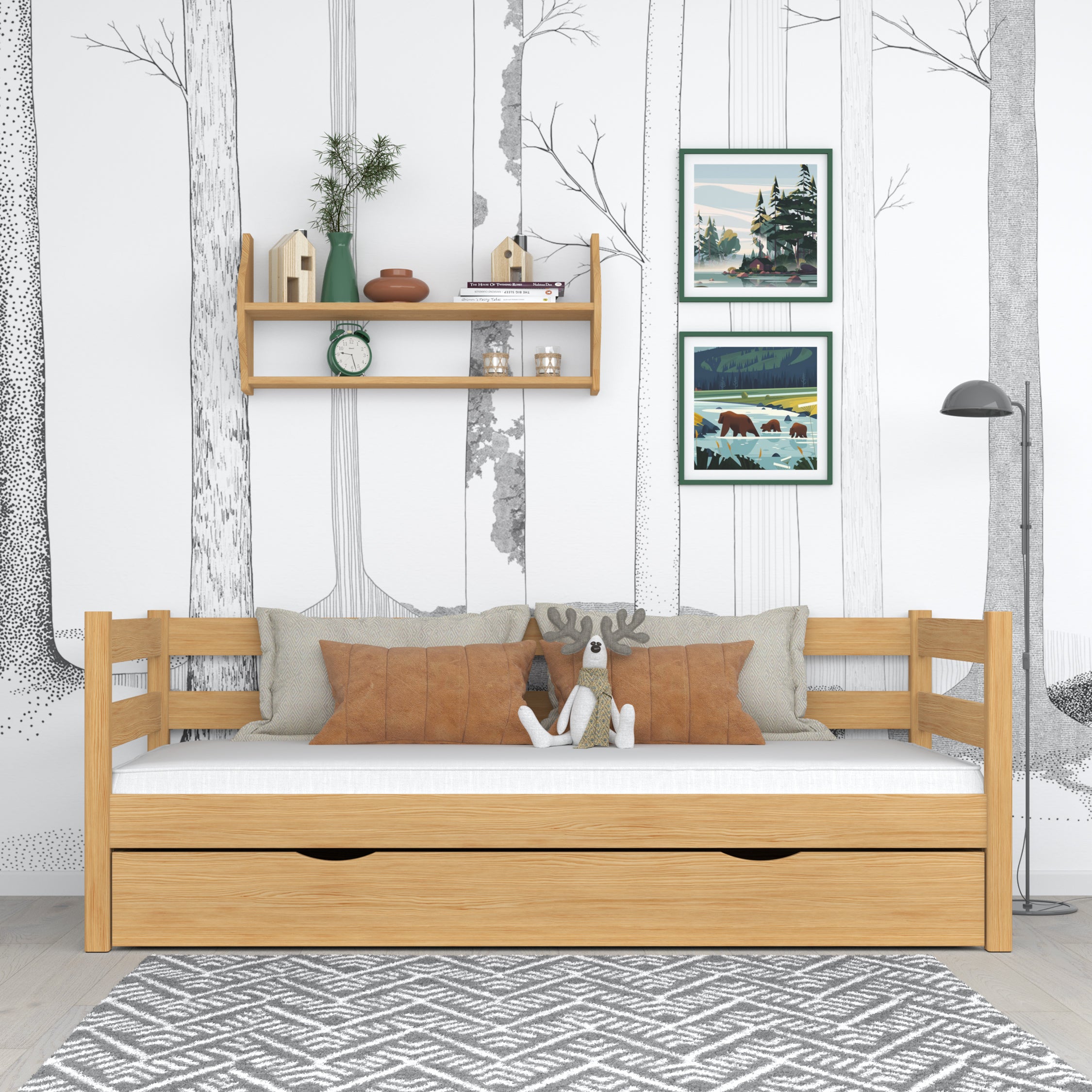 Sofa bed wooden natural pine – open drawer, bedding storage