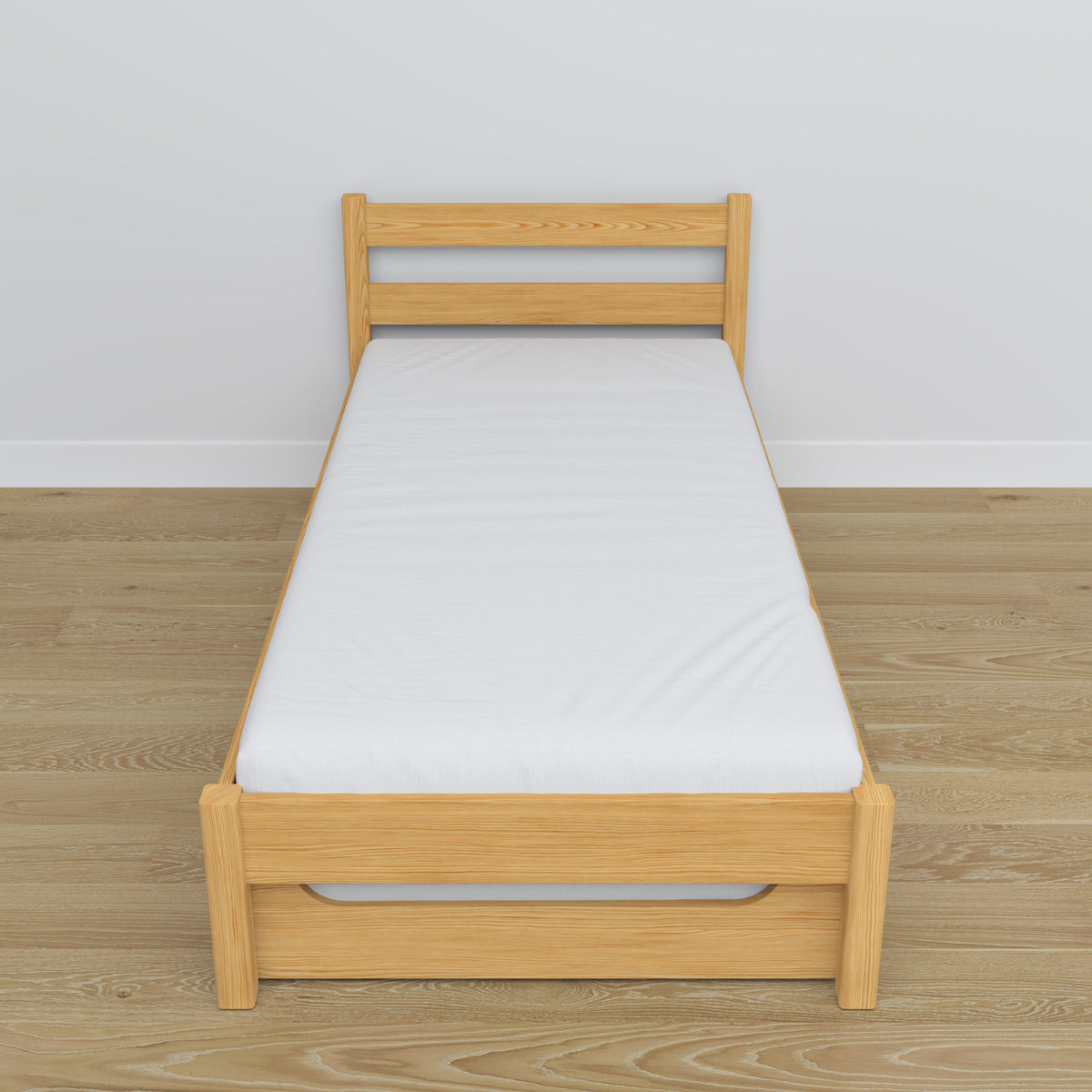 Letto pino naturale – cassetto per materasso, dettagli in legno, Nizio Home