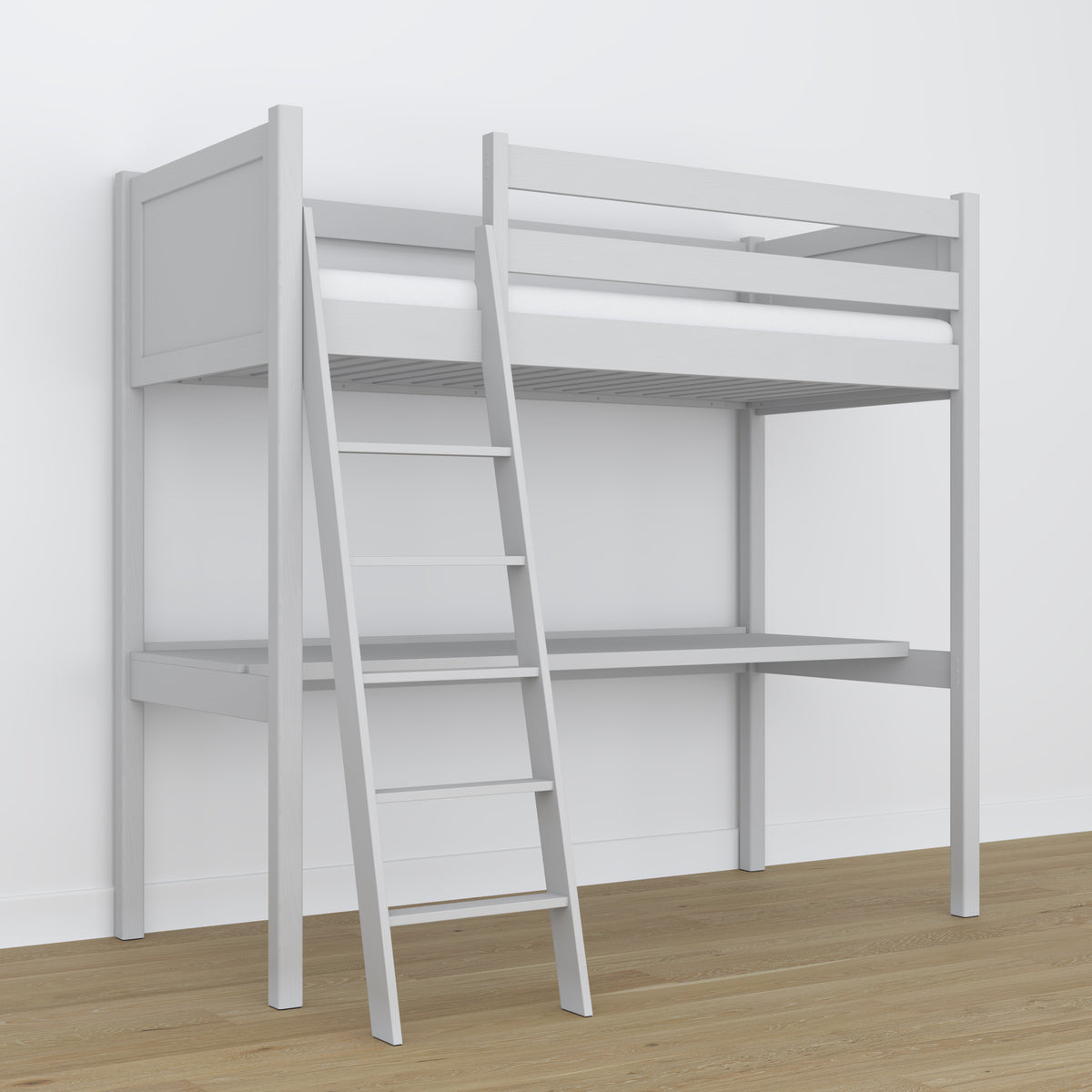 Letto a soppalco con scrivania in legno grigio – dettaglio giunzioni e scala