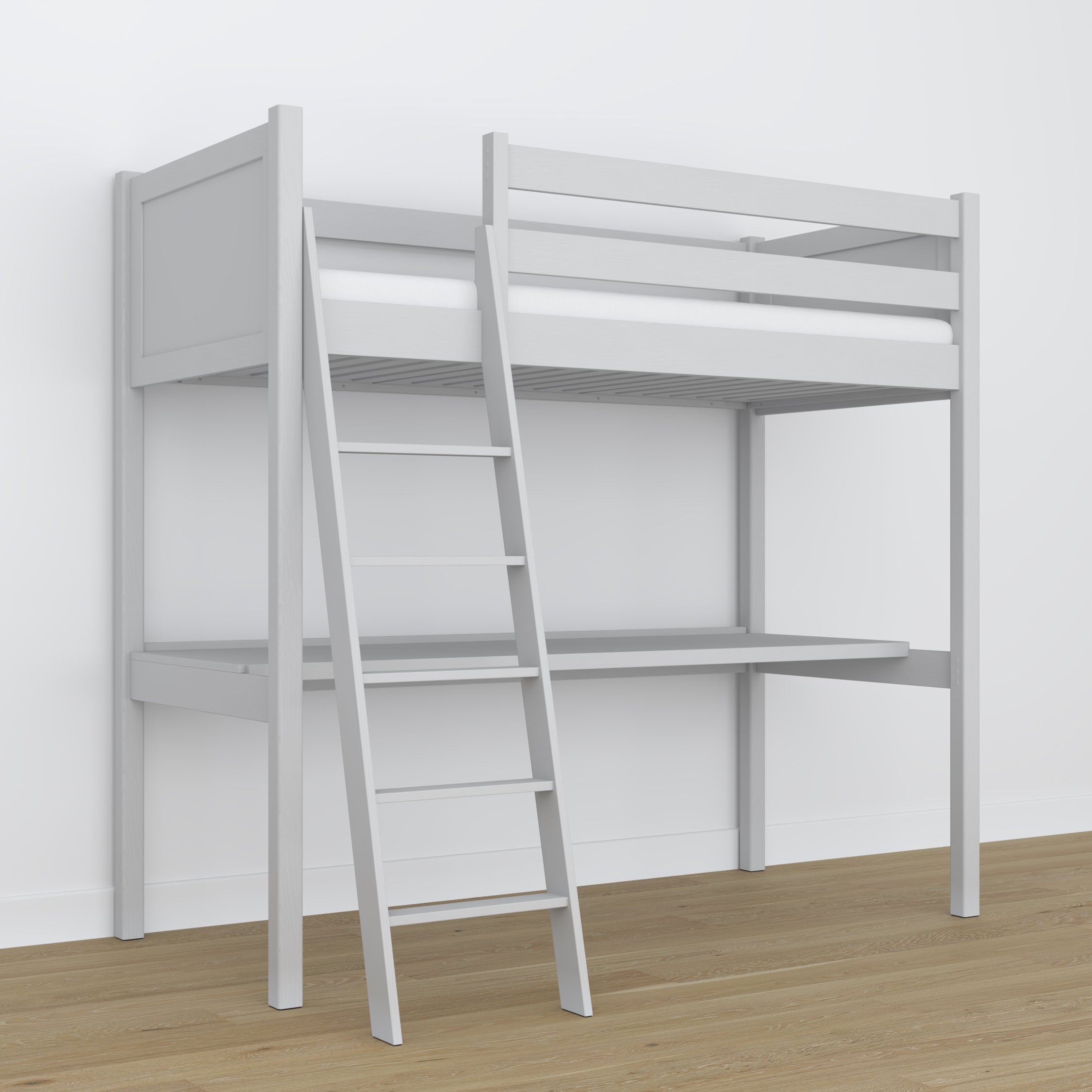 Letto a soppalco con scrivania in legno grigio – dettaglio giunzioni e scala