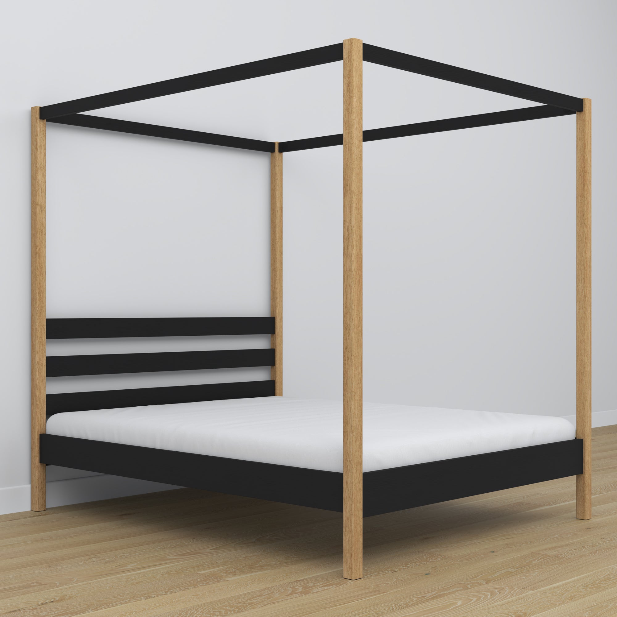 Lit double noir-chêne avec baldaquin – cadre décoratif en bois, scandinave