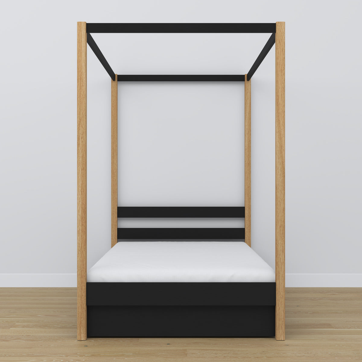 Black and Oak Canopy Bed – Open Drawer, Wooden, Nizio Home