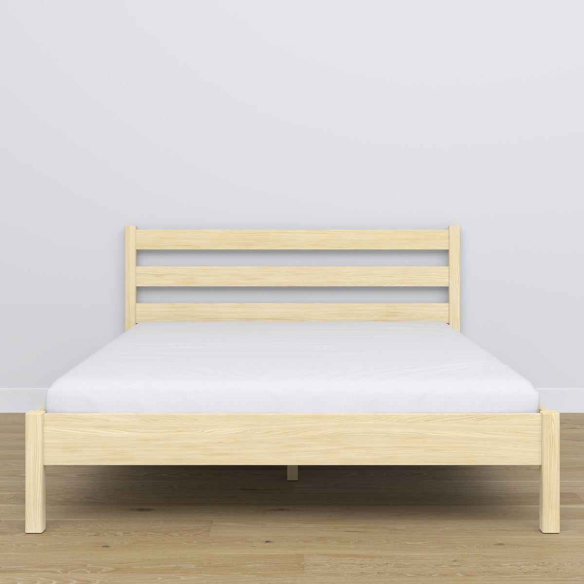 Lit double en bois pin incolore – vue de côté, proportions et forme, chambre