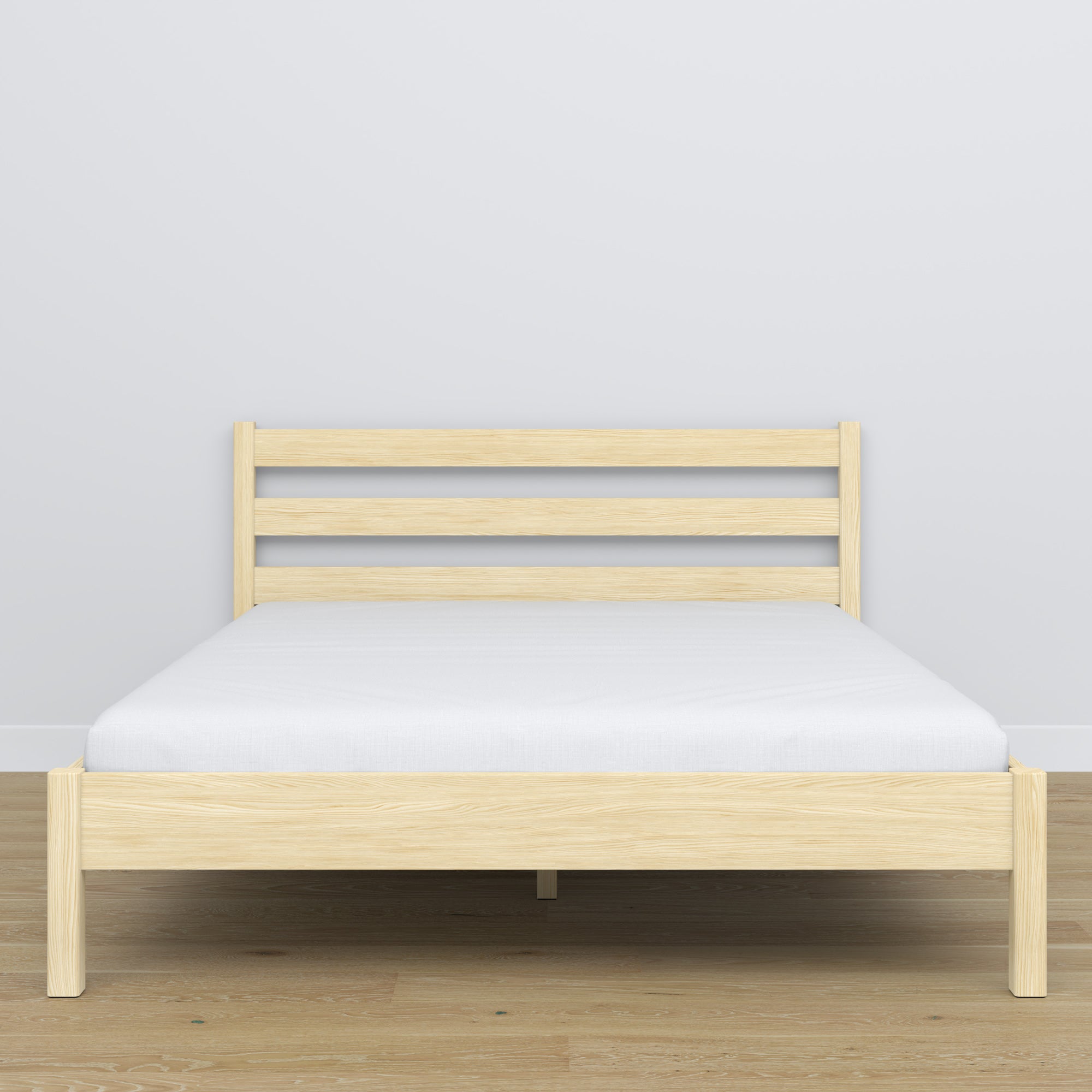 Lit double en bois pin incolore – vue de côté, proportions et forme, chambre