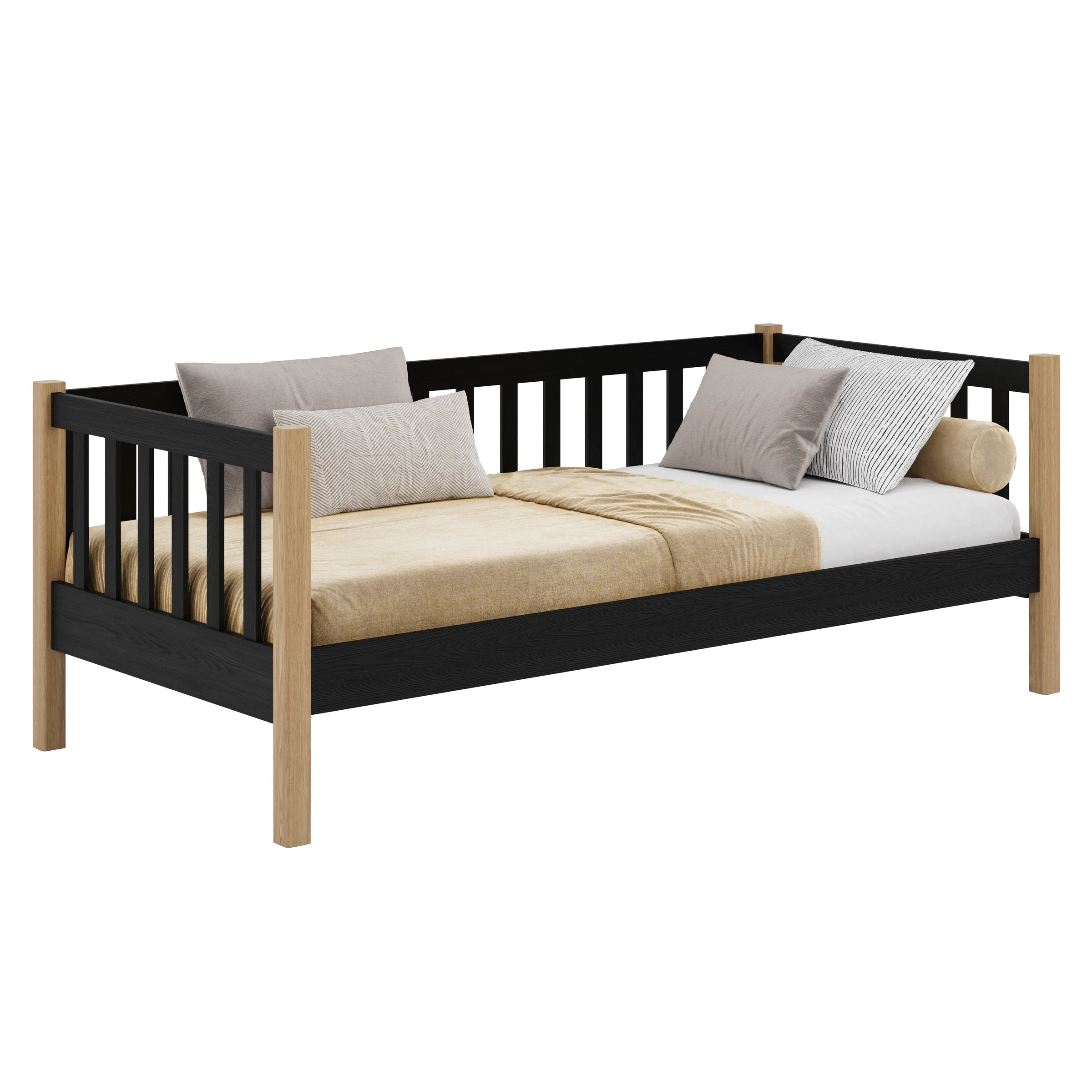 Sofa-lit en bois noir avec chêne – chambre d'enfant, style scandinave Nizio